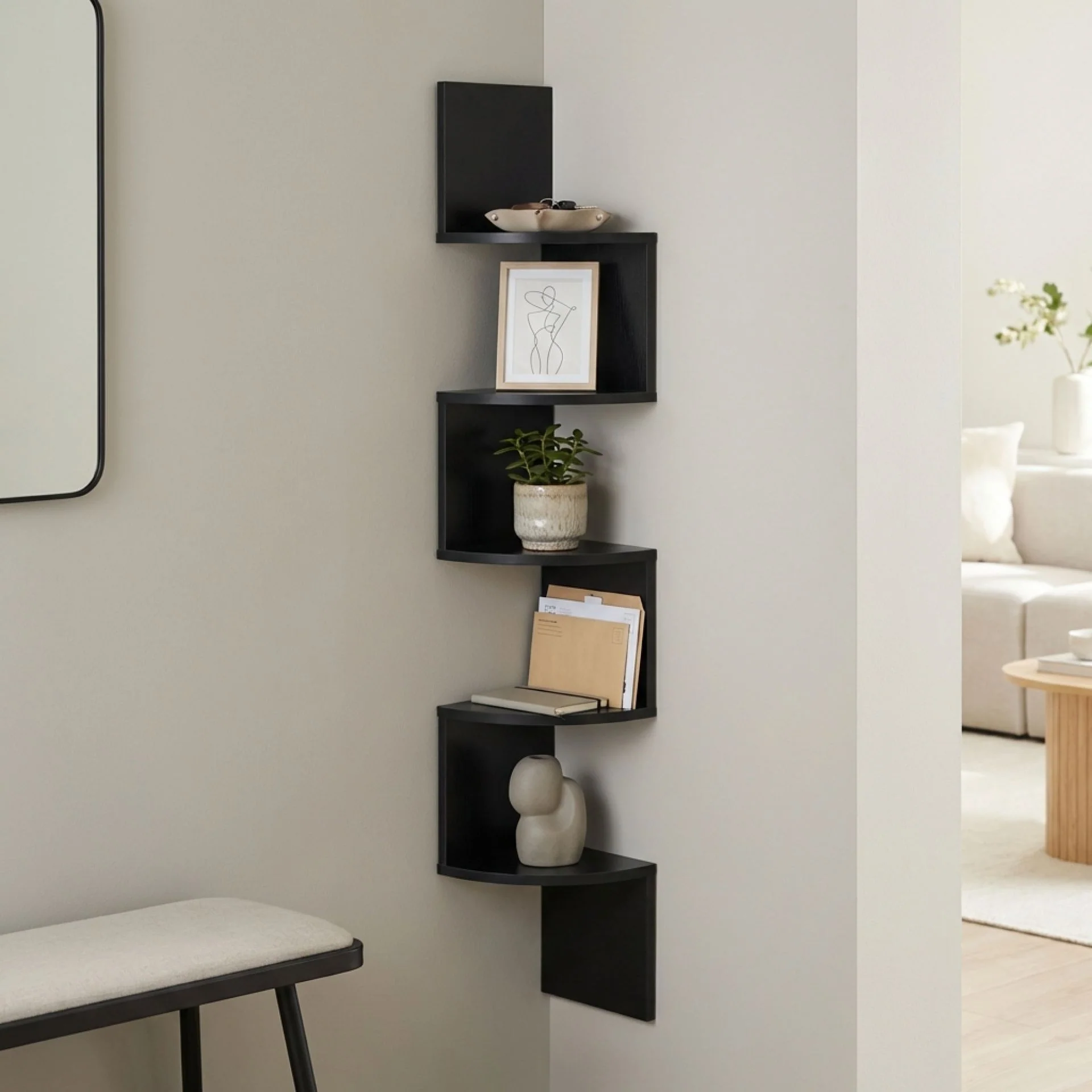 Nemi 5-Tier Wall Mounted Corner Shelf - Black - Image 4