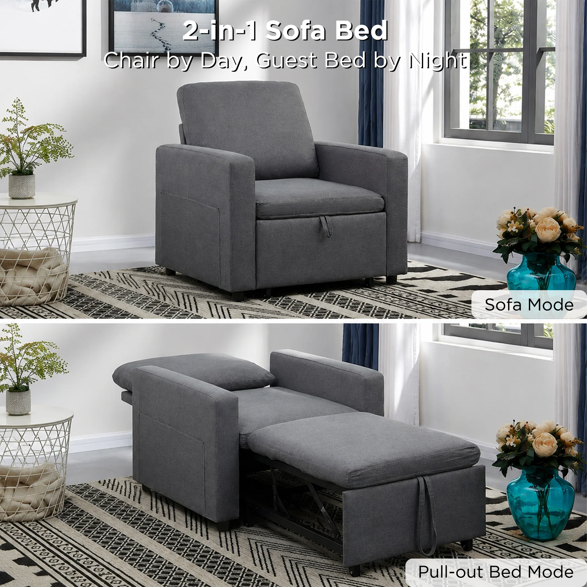 Nest Linen 1 Seater Sofa Bed - Dark Grey - Image 2