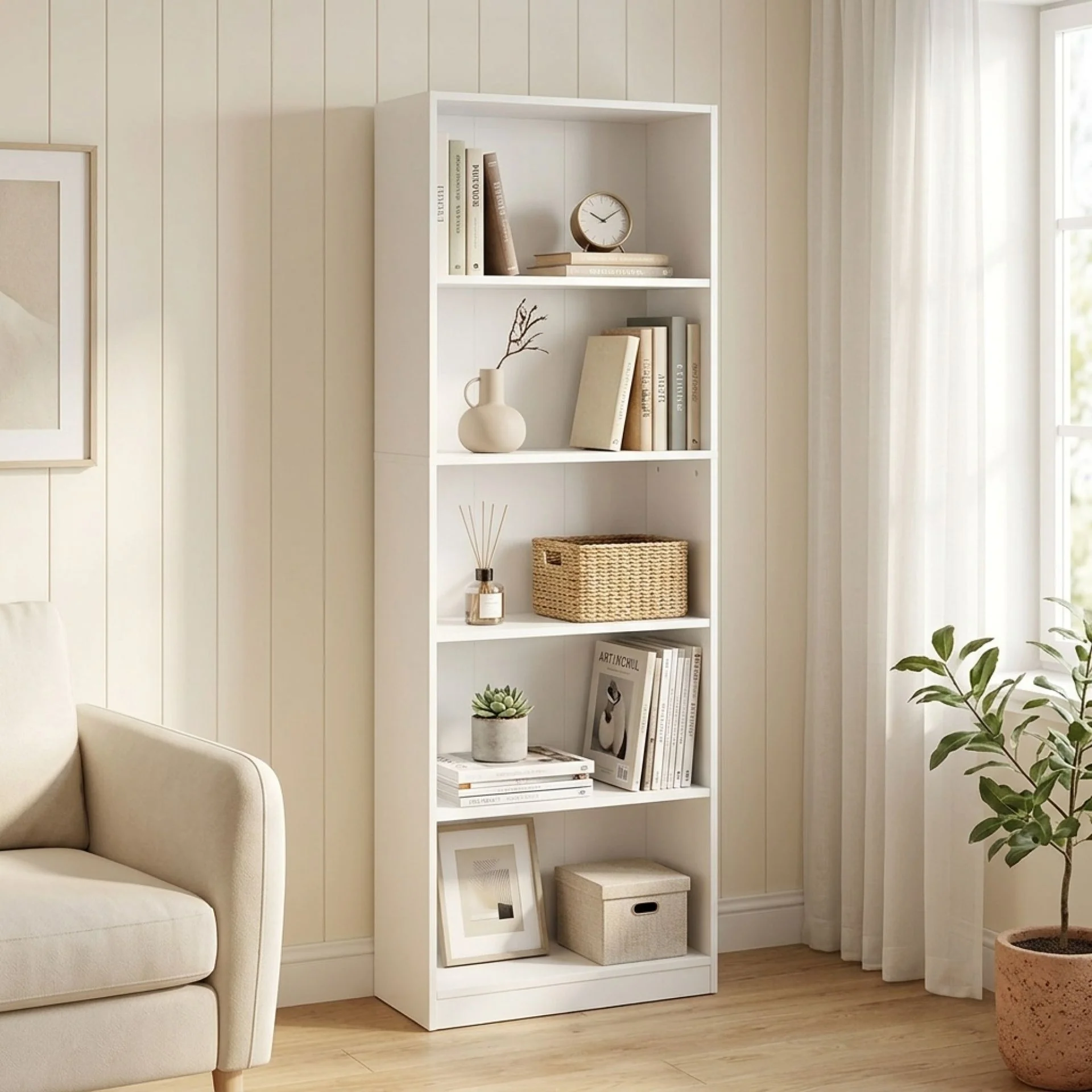 Nivo 5 Tier Slim Bookshelf Display Shelf - White