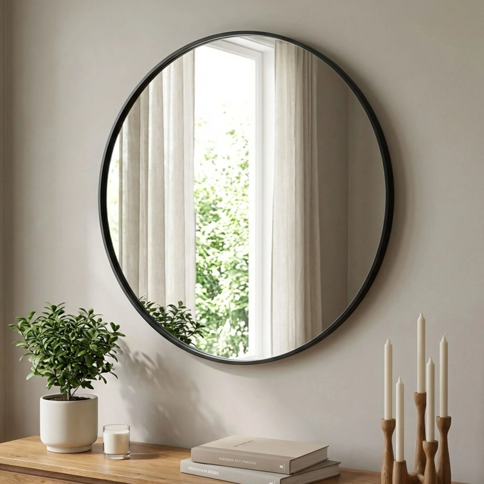Noir Round Wooden Wall Mirror 60cm - Black - Image 3