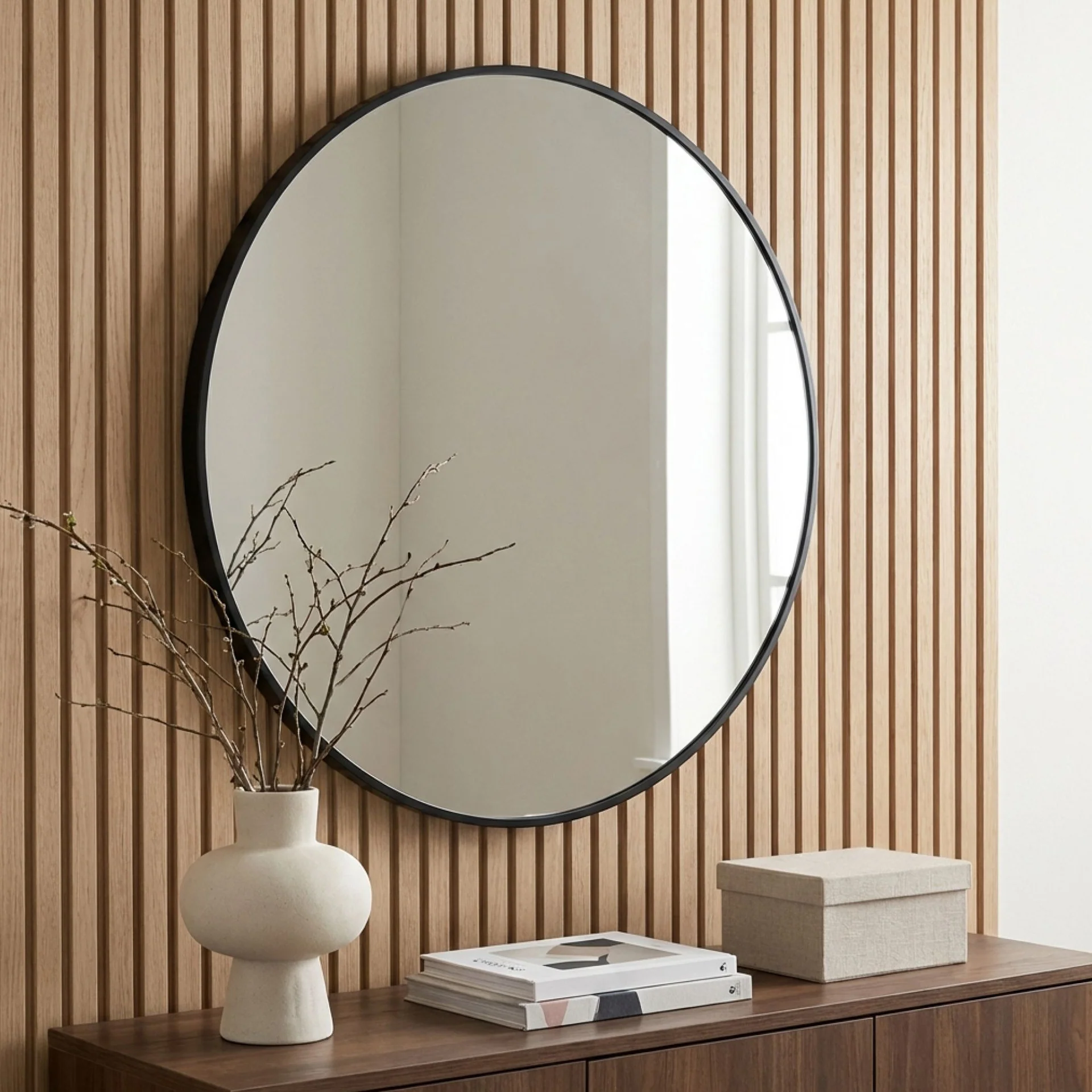 Noir Round Wooden Wall Mirror 60cm - Black - Image 4