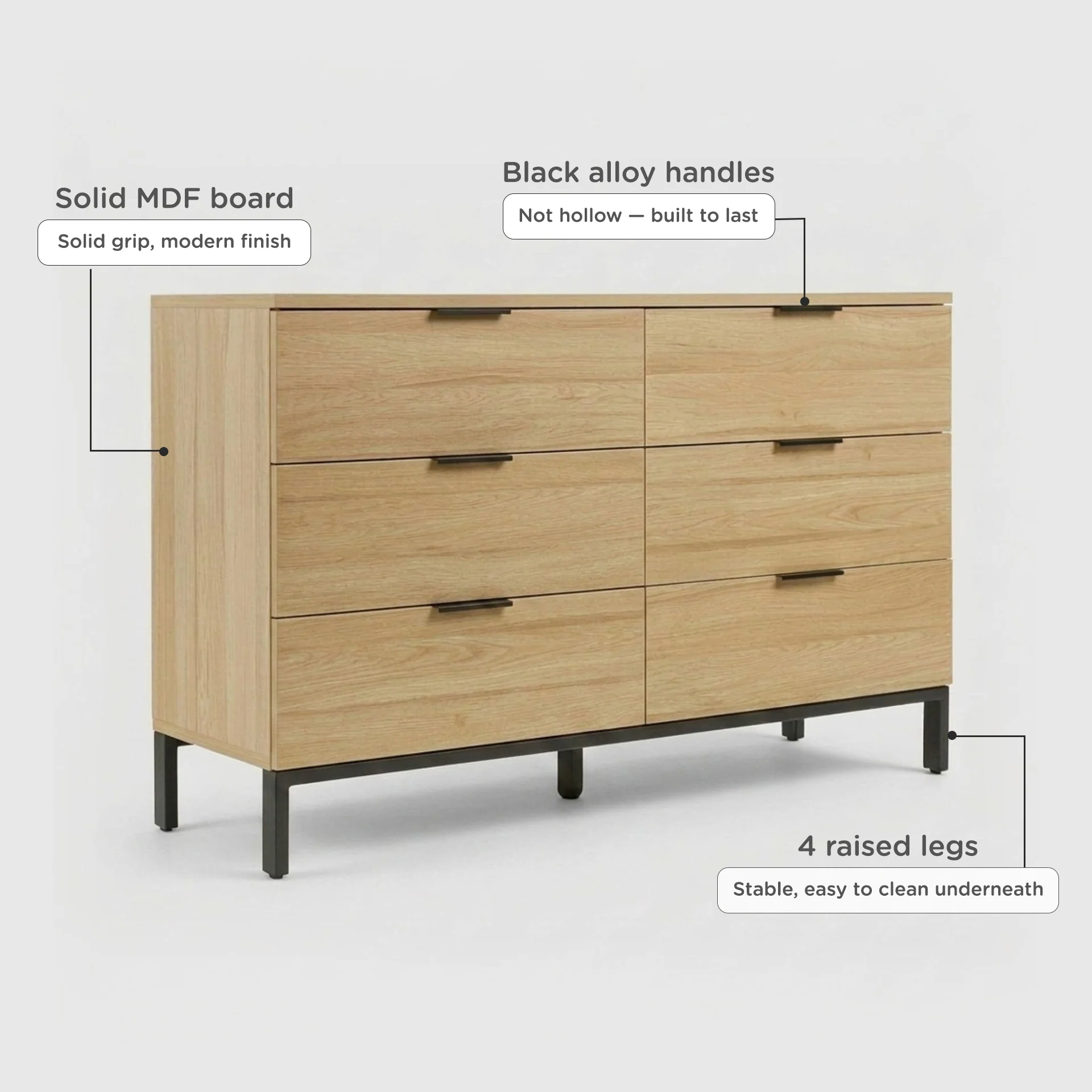 Ocala Low Boy 6 Drawer Chest Dresser - Oak - Image 3