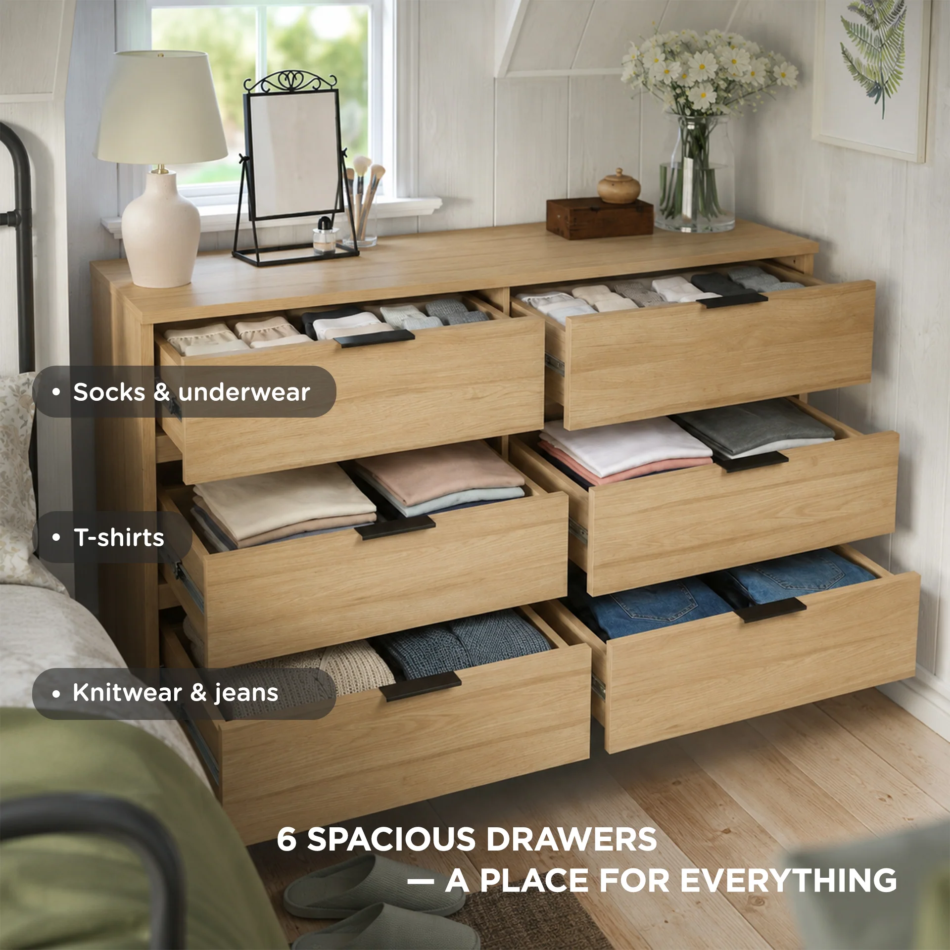 Ocala Low Boy 6 Drawer Chest Dresser - Oak - Image 4