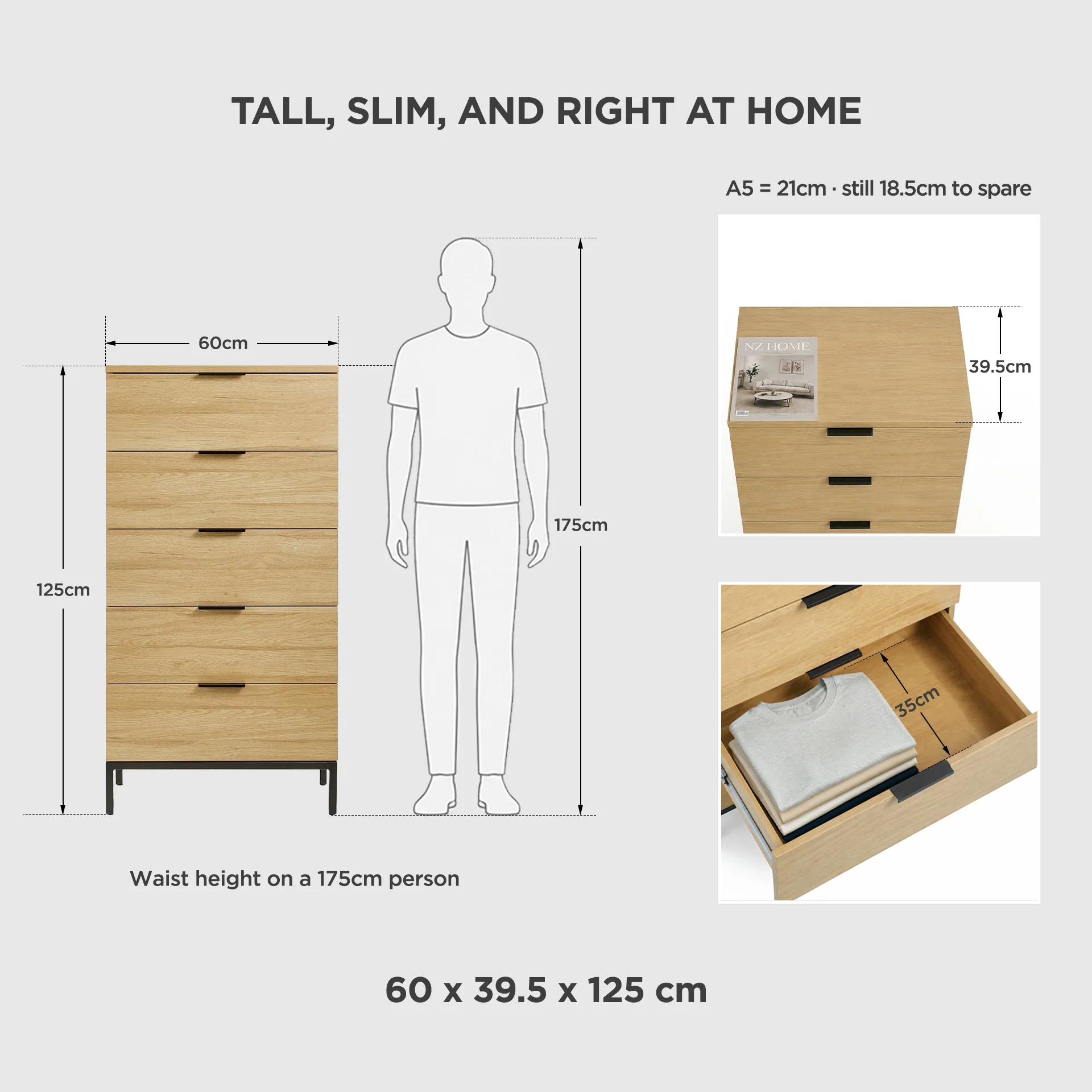 Ocala Tallboy 5 Drawer Chest Dresser - Oak - Image 3