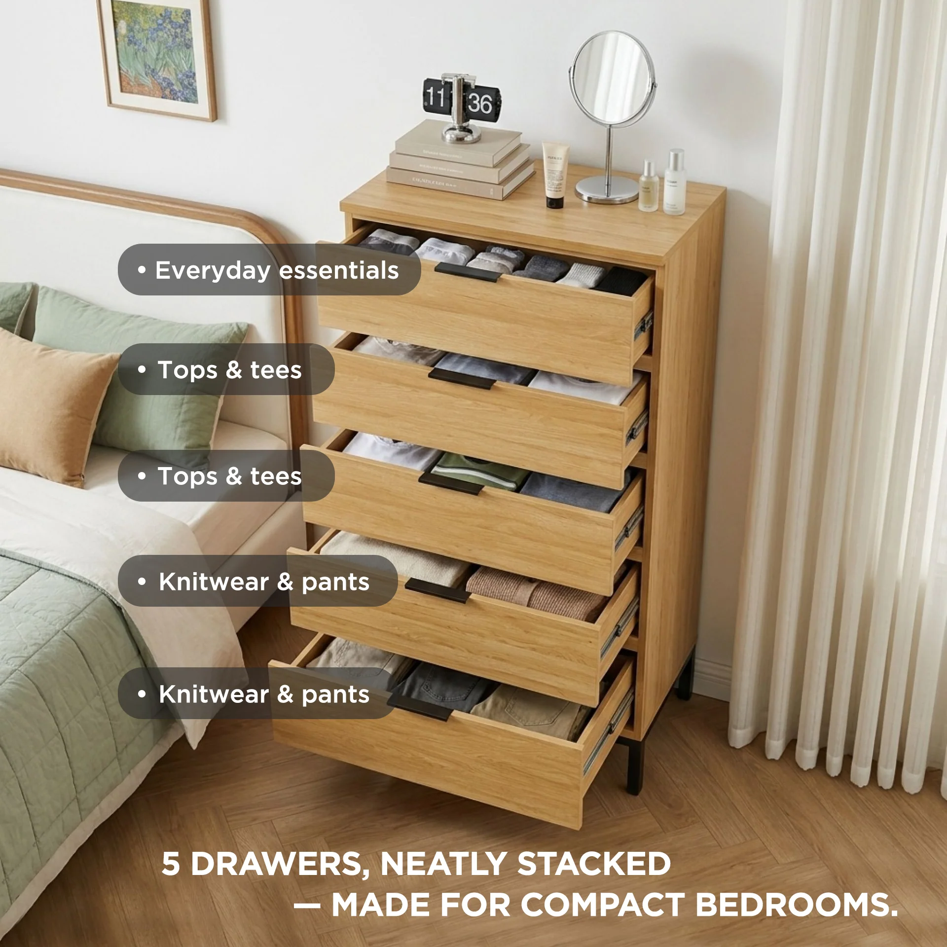 Ocala Tallboy 5 Drawer Chest Dresser - Oak - Image 4
