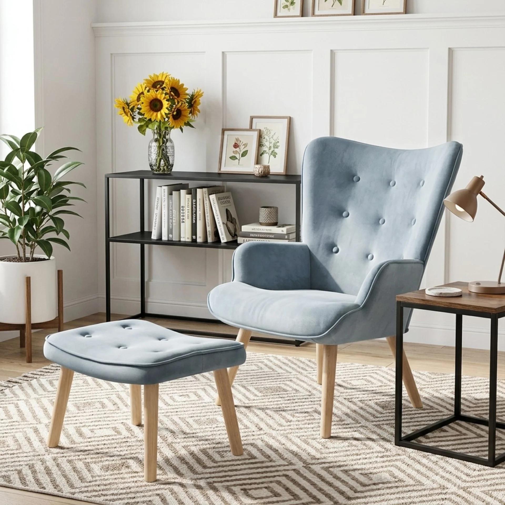 Olivia Velvet Armchair with Ottoman - Blue