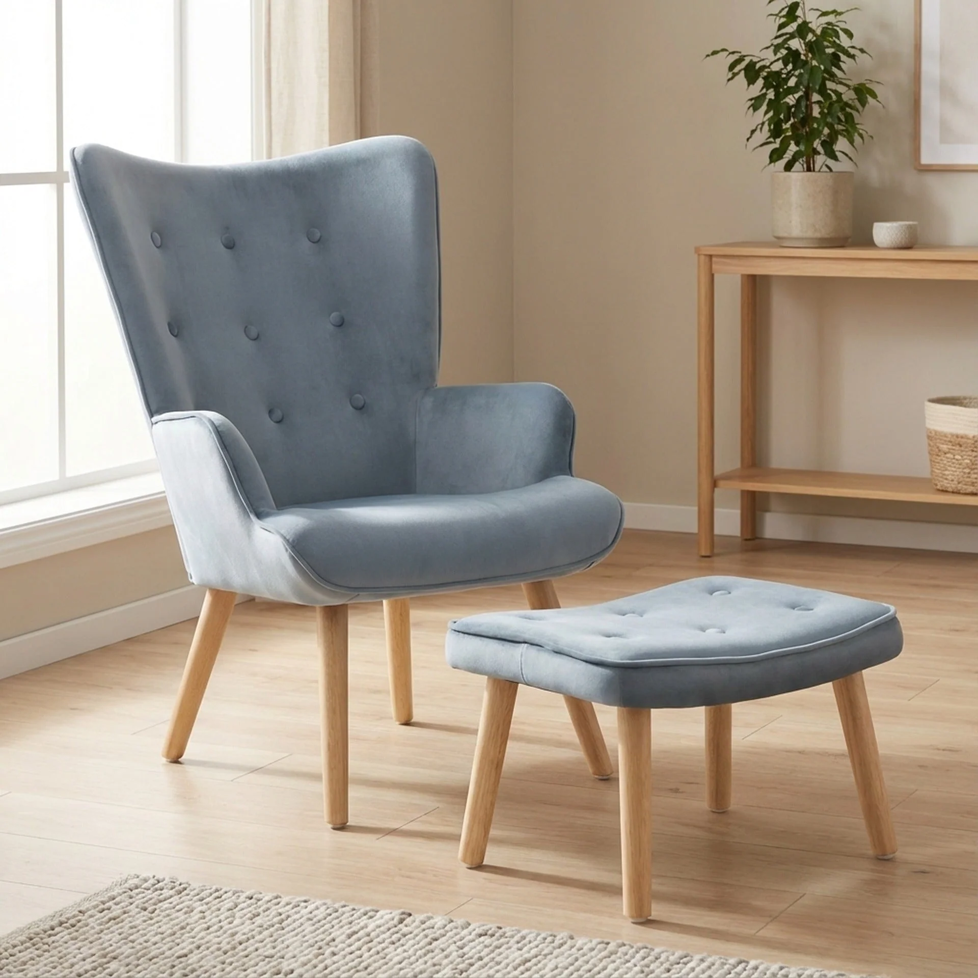 Olivia Velvet Armchair with Ottoman - Blue - Image 13