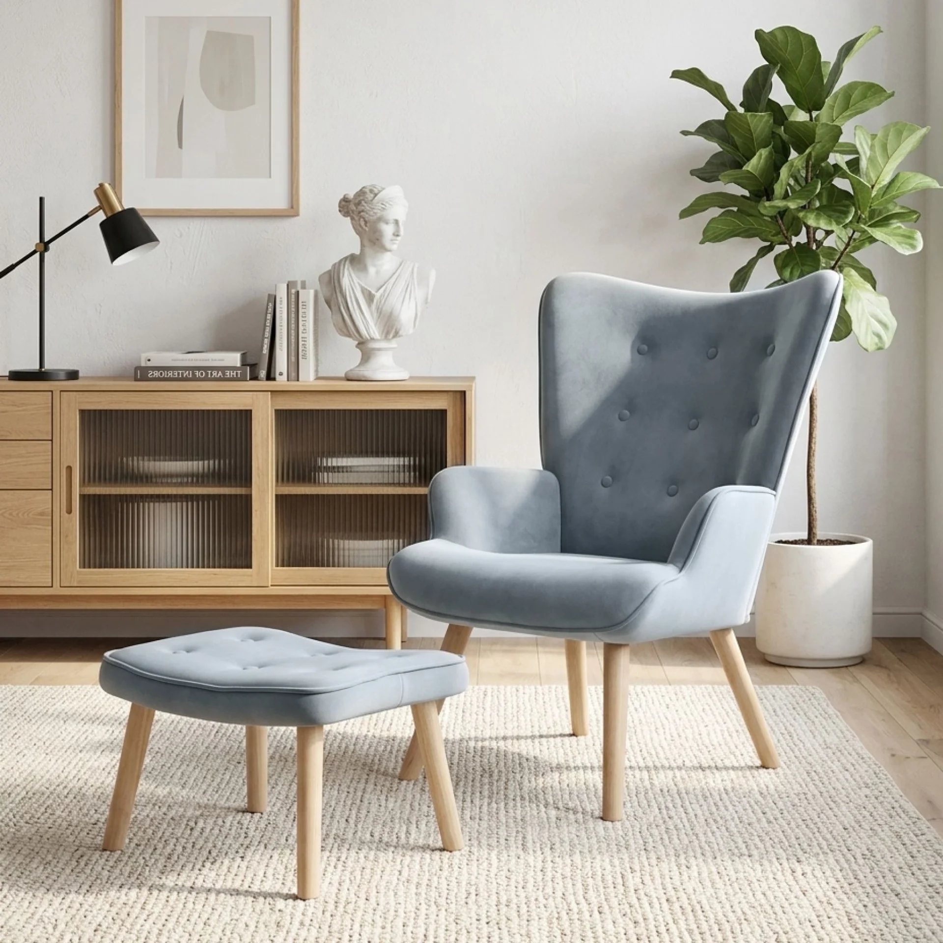Olivia Velvet Armchair with Ottoman - Blue - Image 3