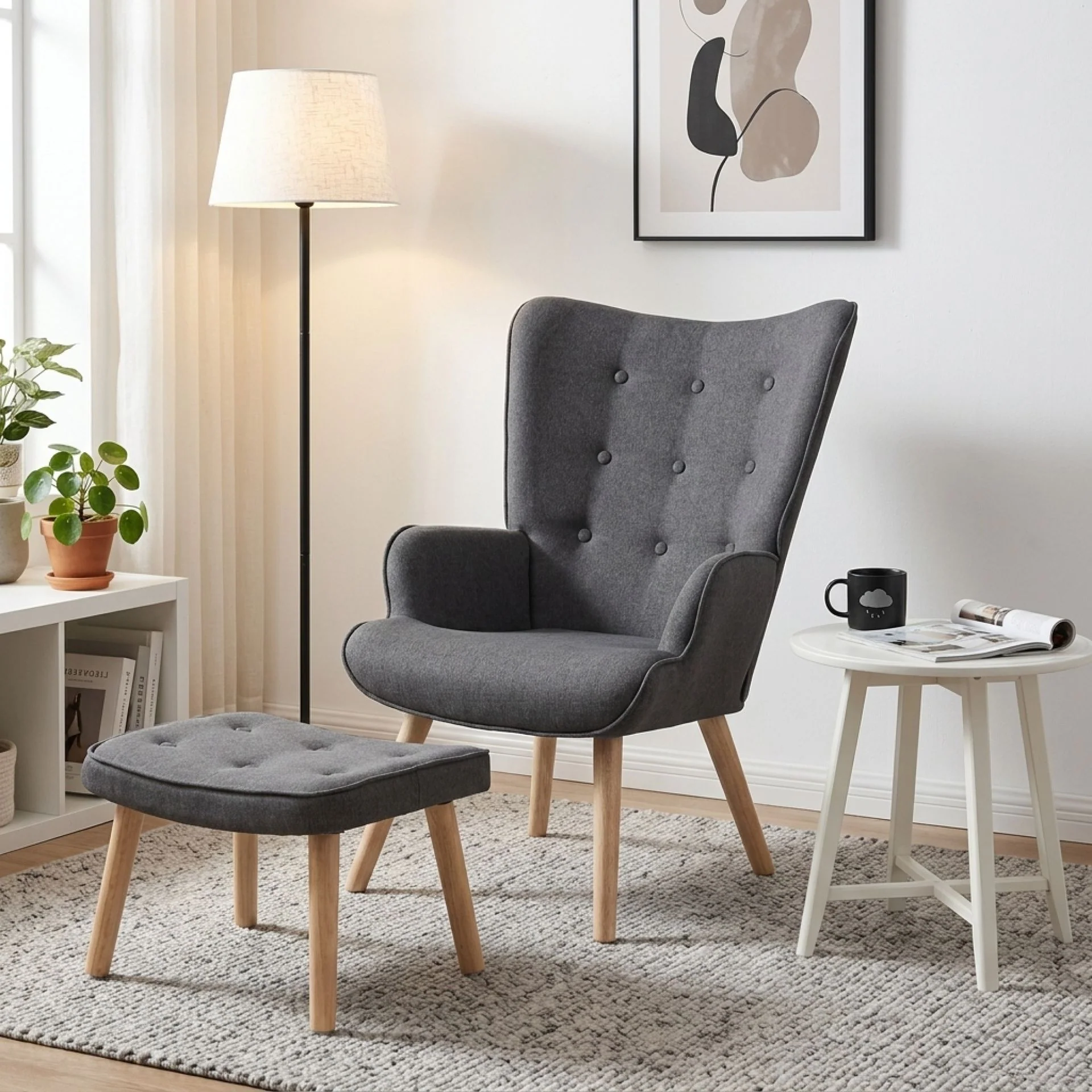 Olivia Linen Armchair with Ottoman - Grey - Image 3