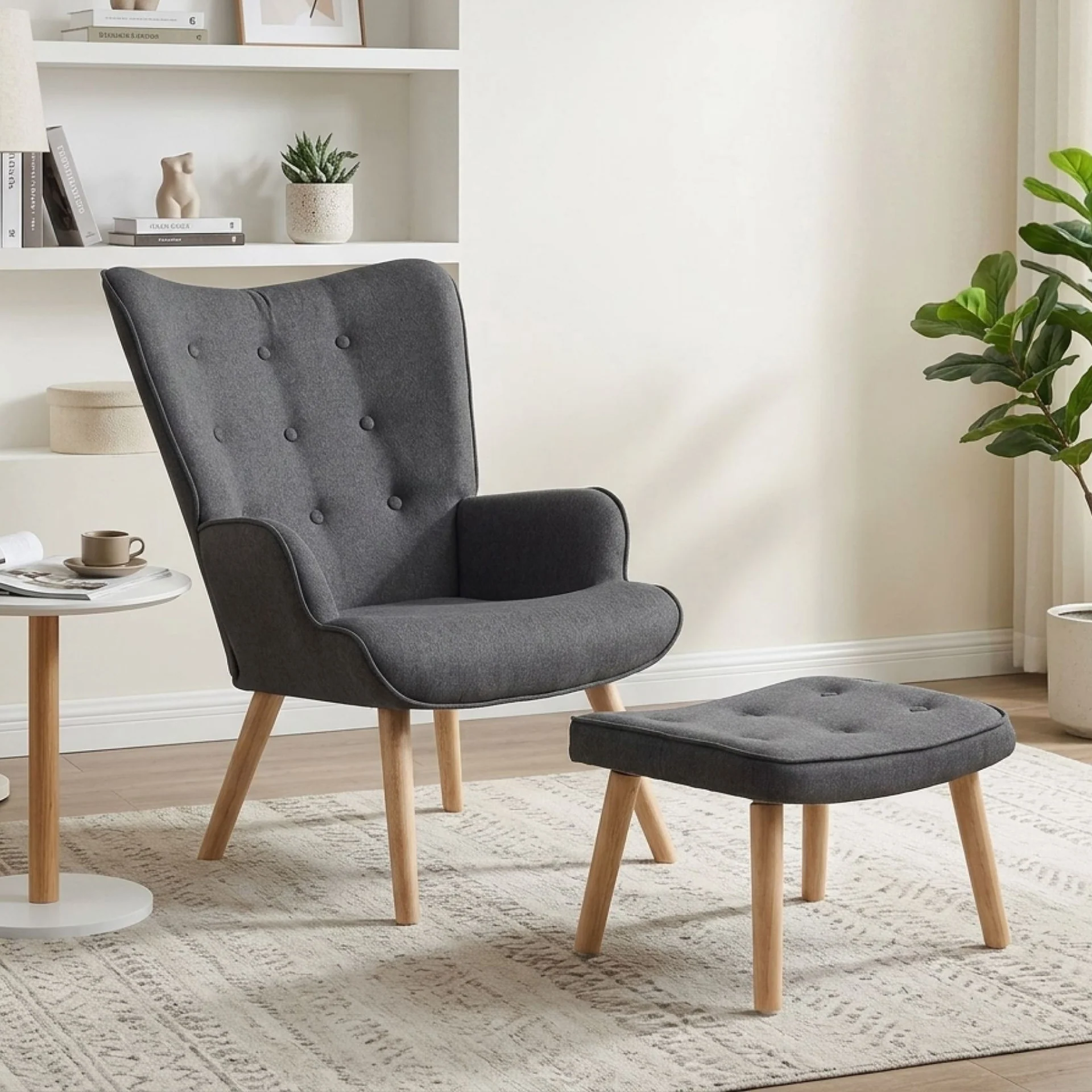 Olivia Linen Armchair with Ottoman - Grey - Image 4