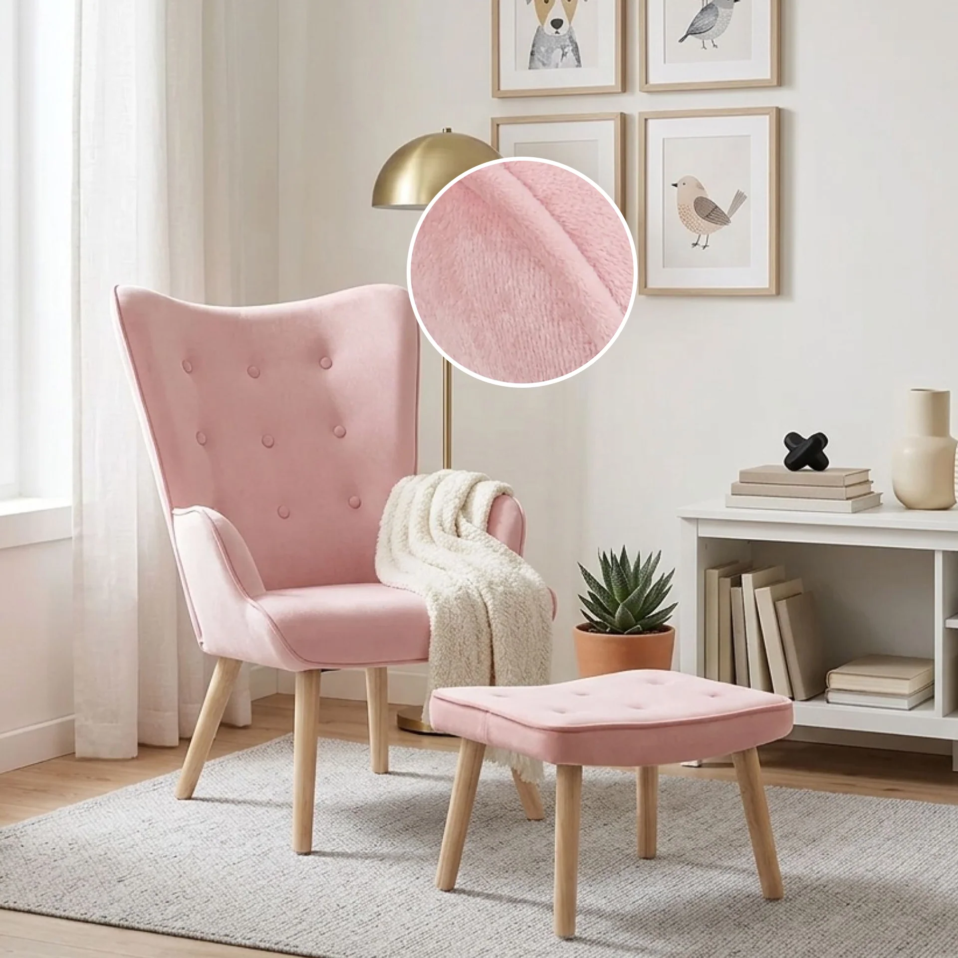 Olivia Velvet Armchair with Ottoman - Pink - Image 2