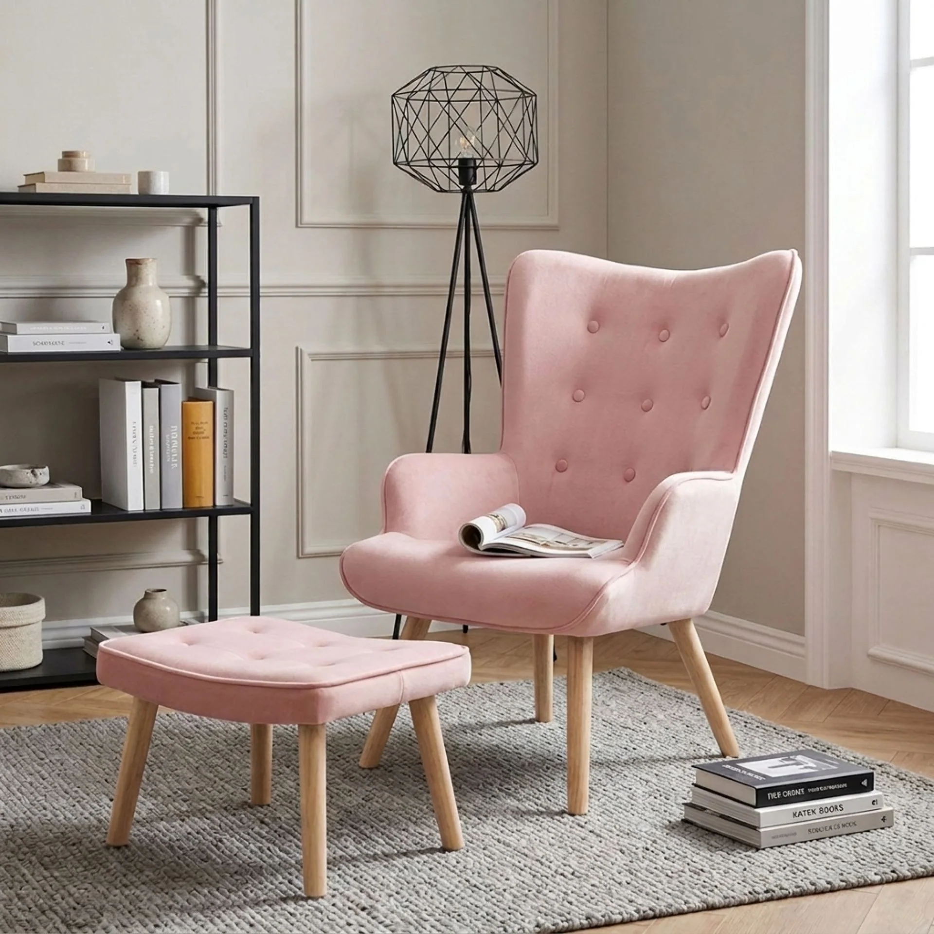 Olivia Velvet Armchair with Ottoman - Pink - Image 3