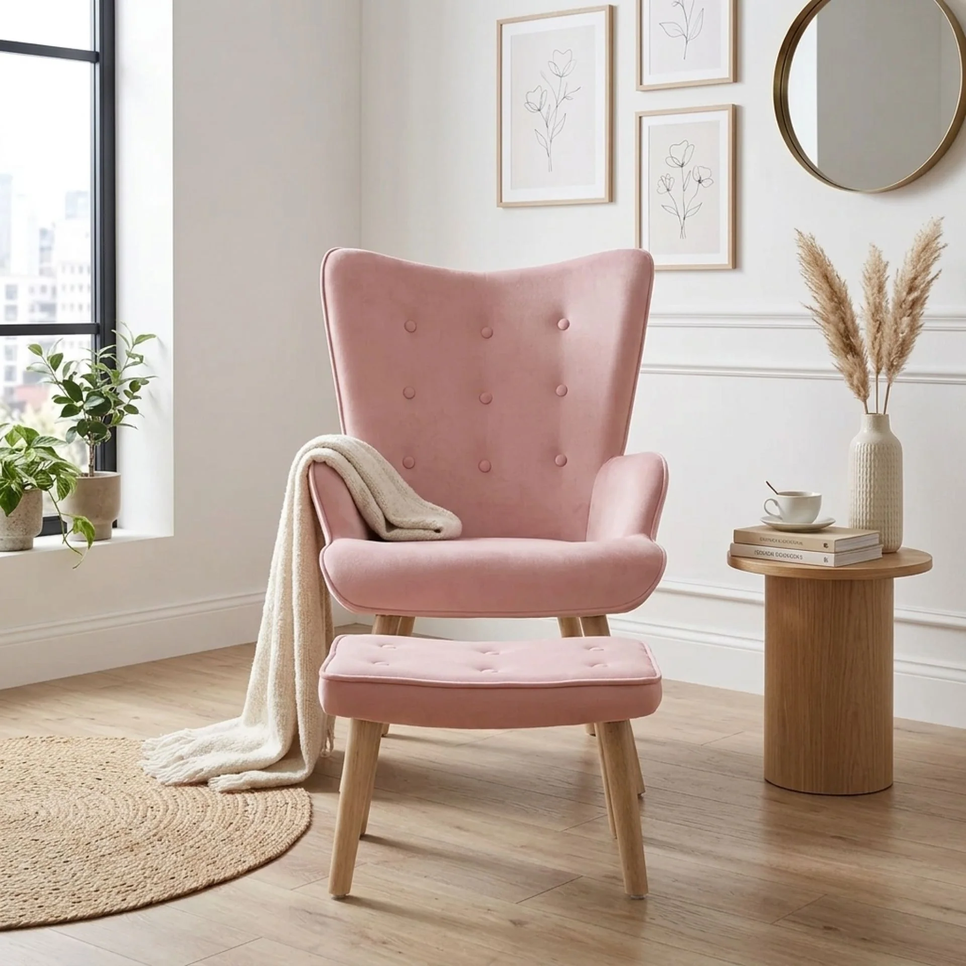 Olivia Velvet Armchair with Ottoman - Pink - Image 4