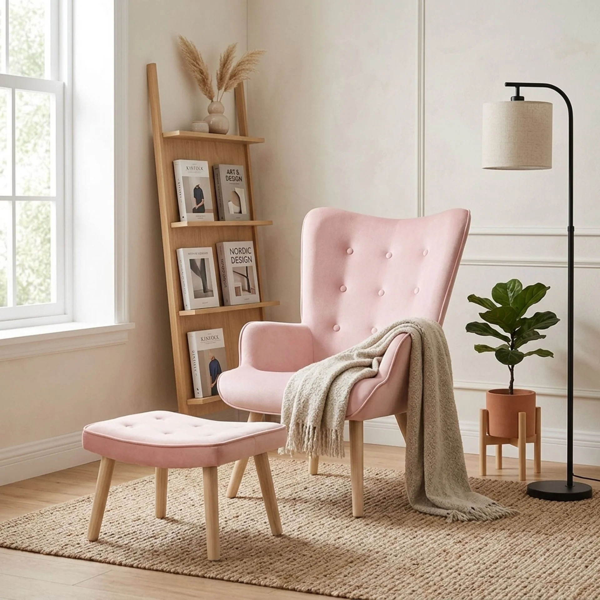 Olivia Velvet Armchair with Ottoman - Pink - Image 5