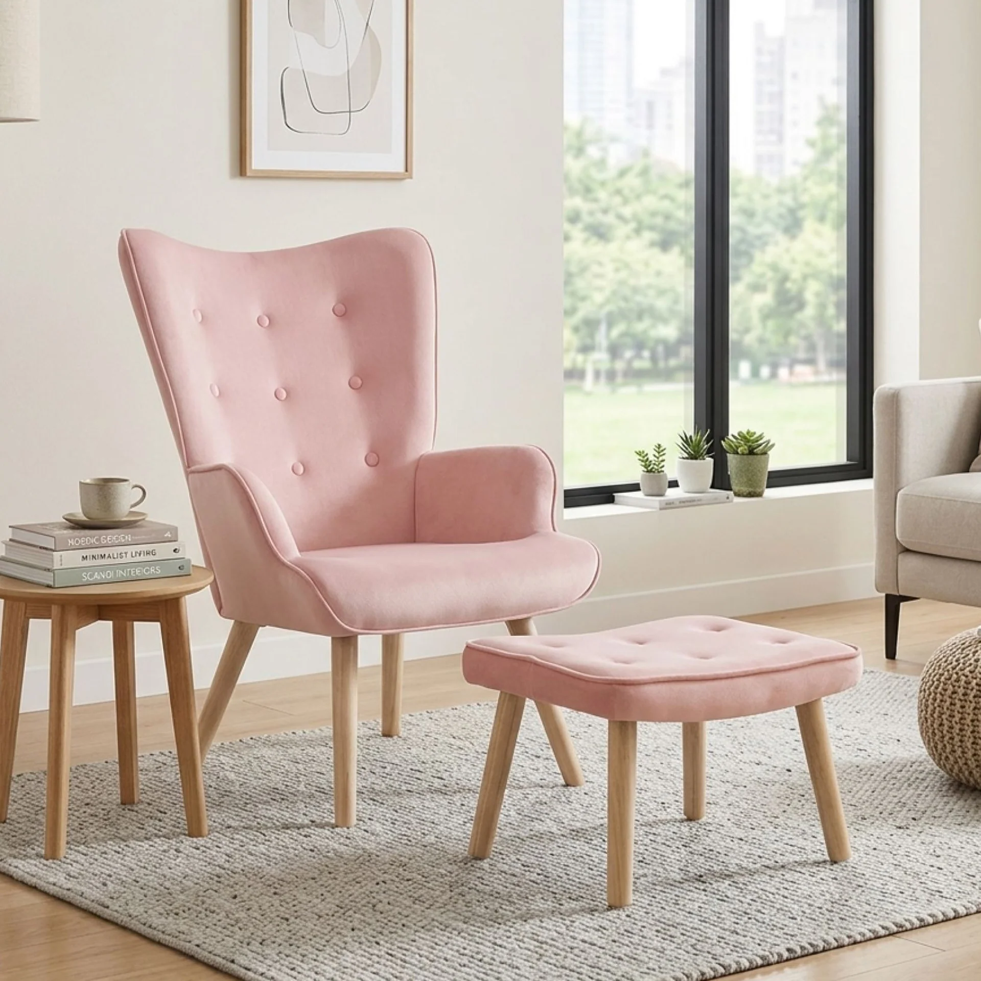 Olivia Velvet Armchair with Ottoman - Pink - Image 8