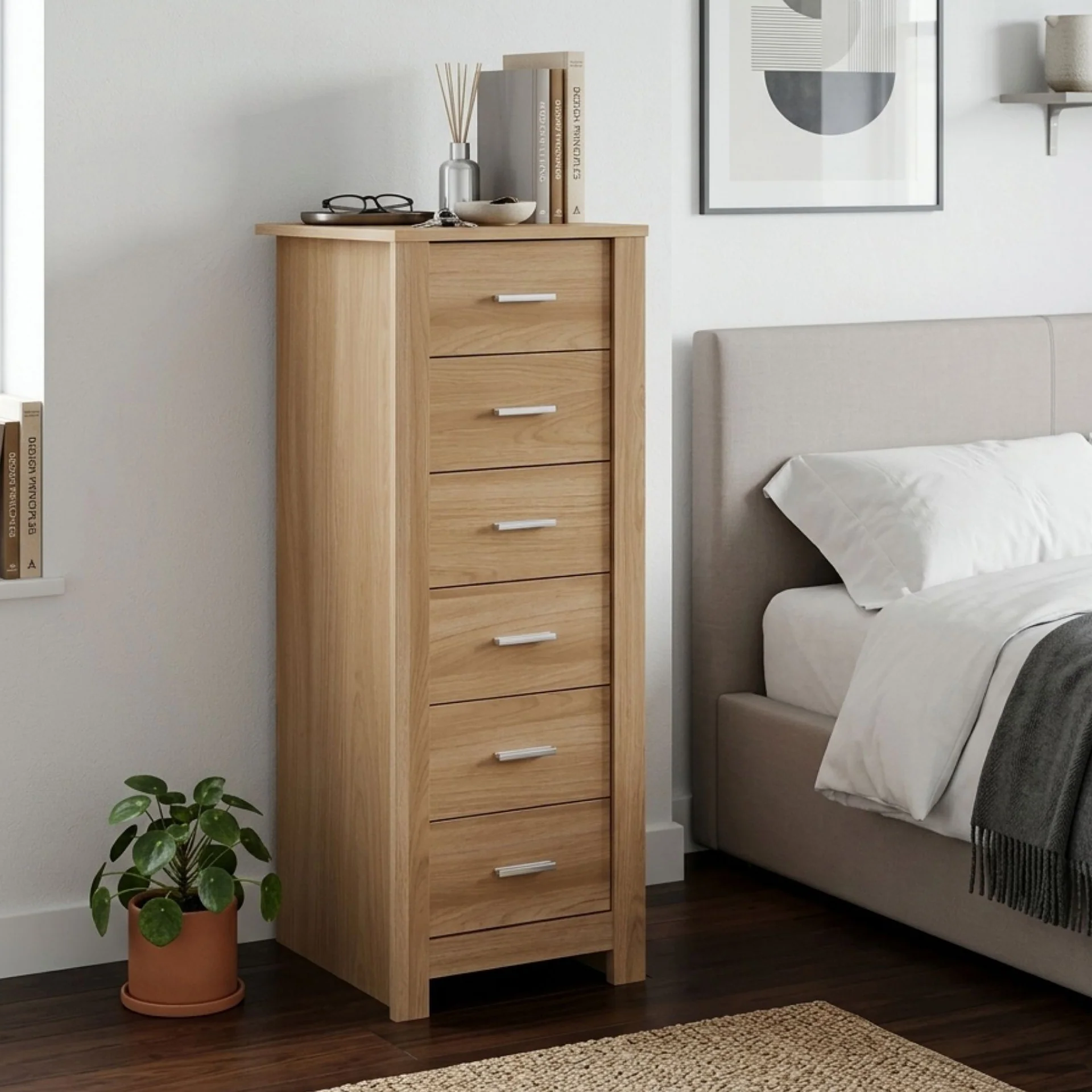 Olsen 6 Drawers Slim Tallboy - Oak - Image 6