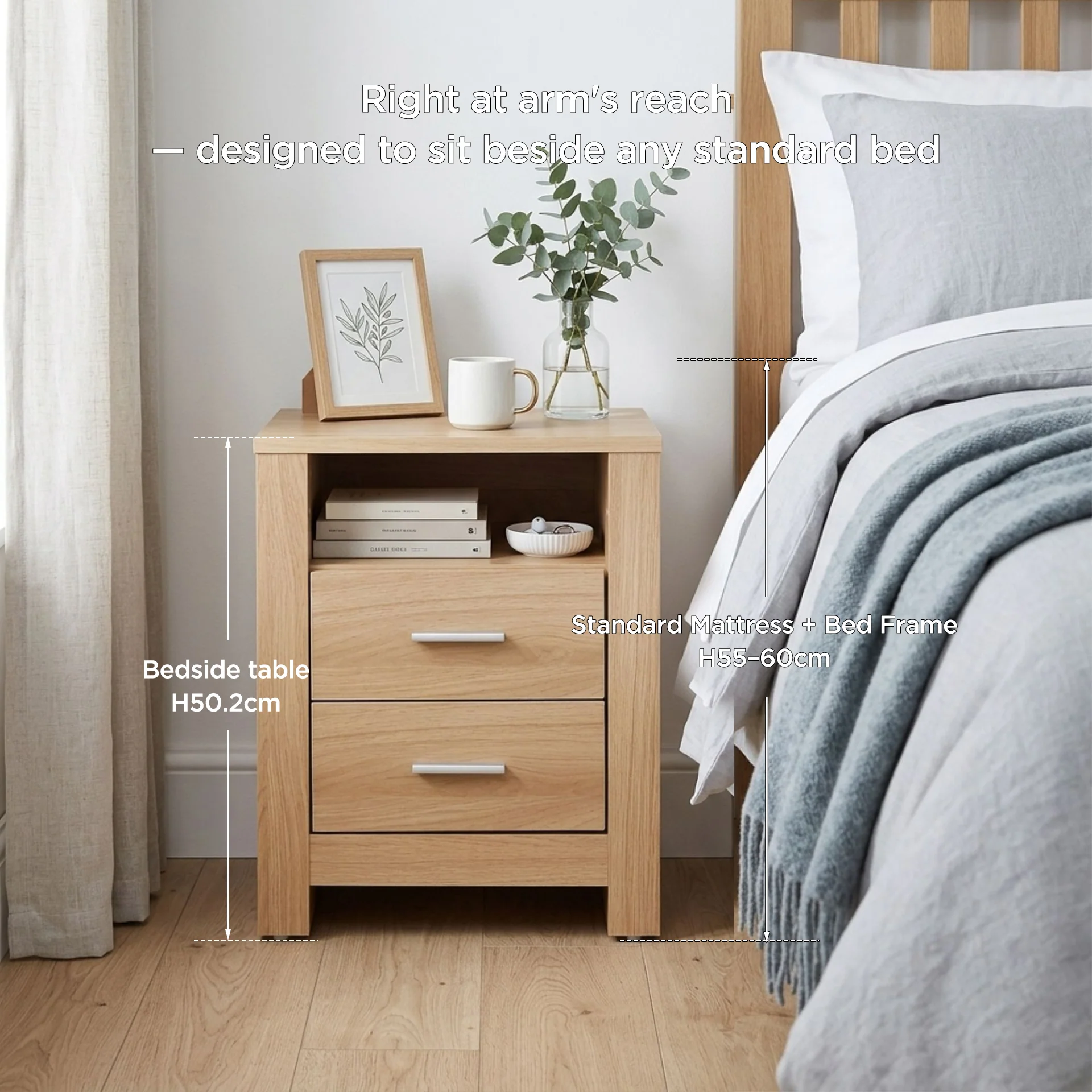 Olsen 2 Drawer Bedside Table - Oak - Image 2