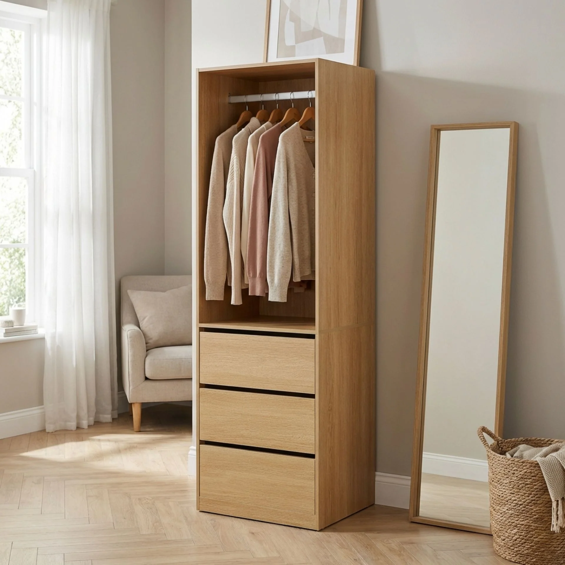 Payette 3 Drawer Wardrobe - Oak - Image 3