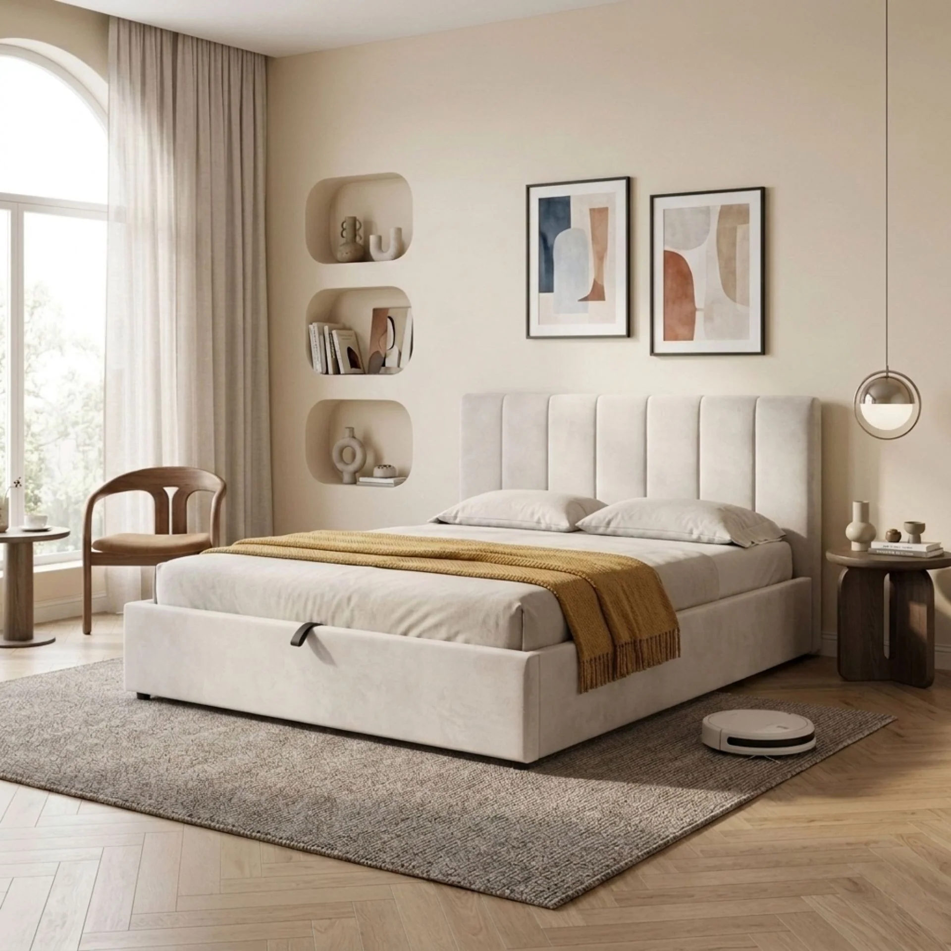 Penelope Queen Gas Lift Velvet Bed Frame - Beige - Image 3