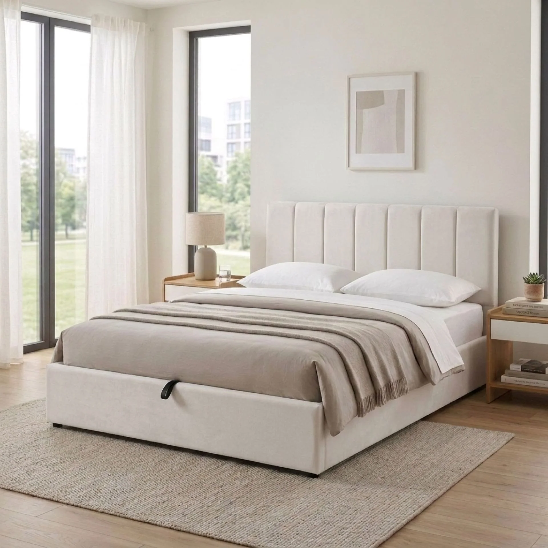 Penelope Queen Gas Lift Velvet Bed Frame - Beige - Image 5
