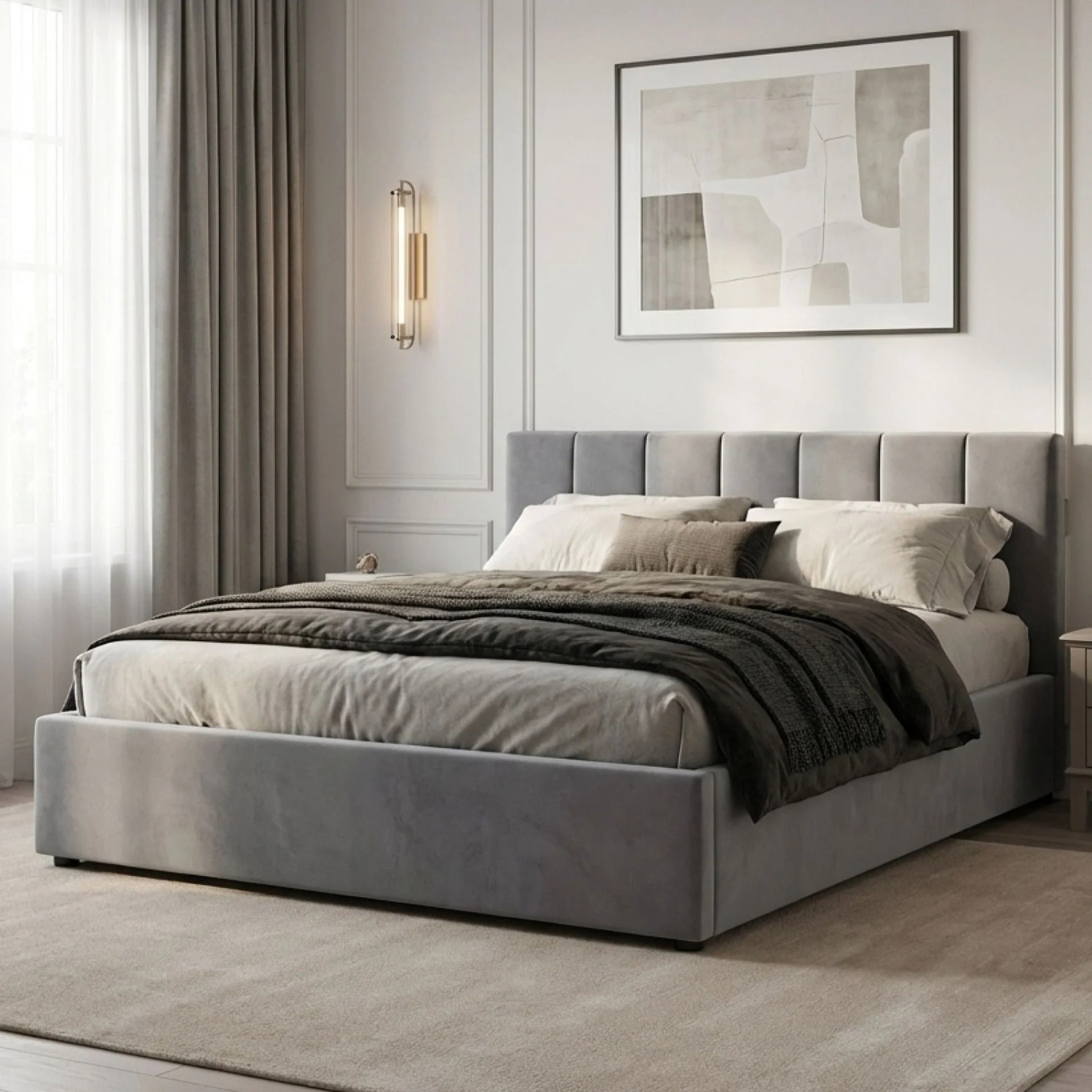 Penelope Queen Gas Lift Velvet Bed Frame - Grey - Image 3
