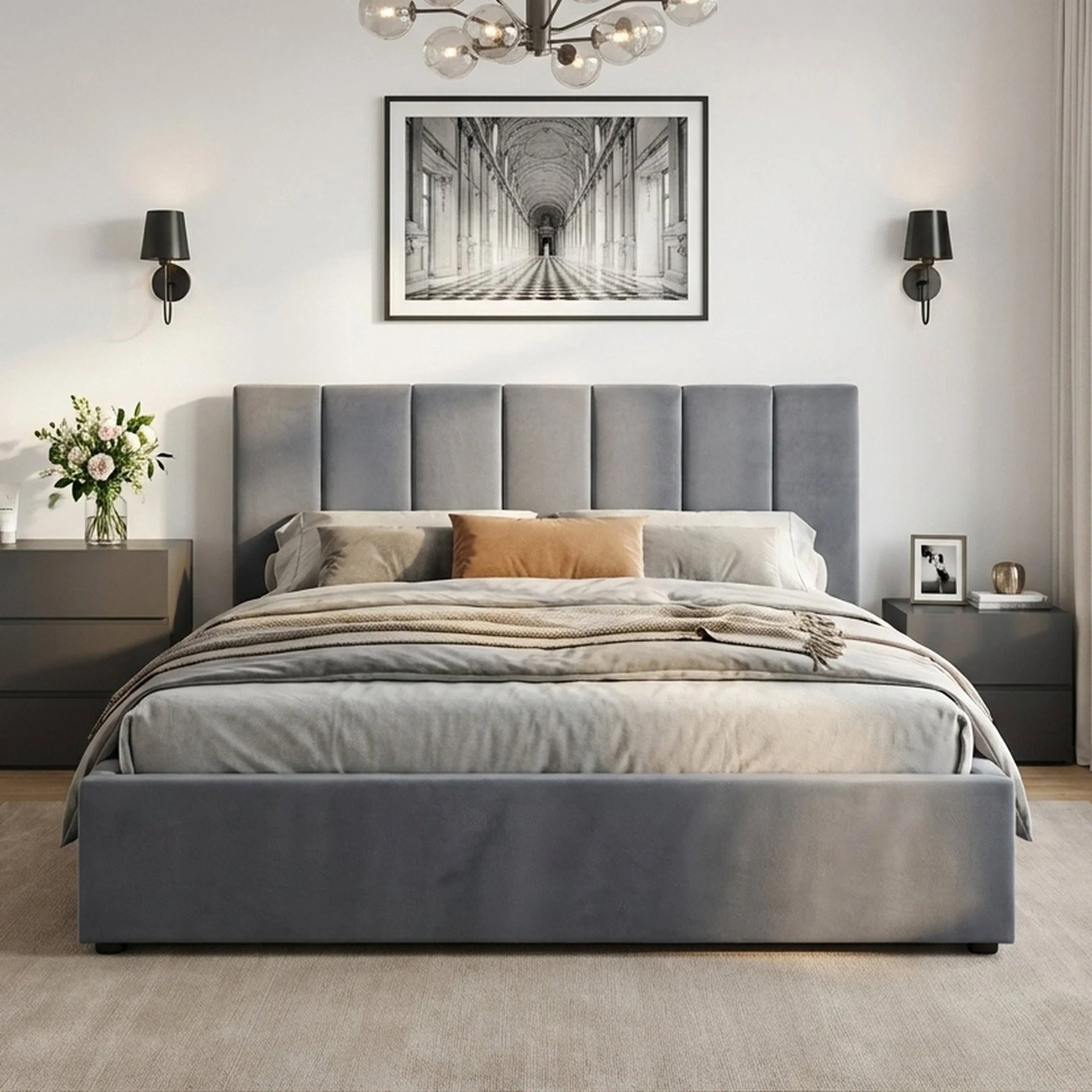 Penelope Queen Gas Lift Velvet Bed Frame - Grey - Image 4