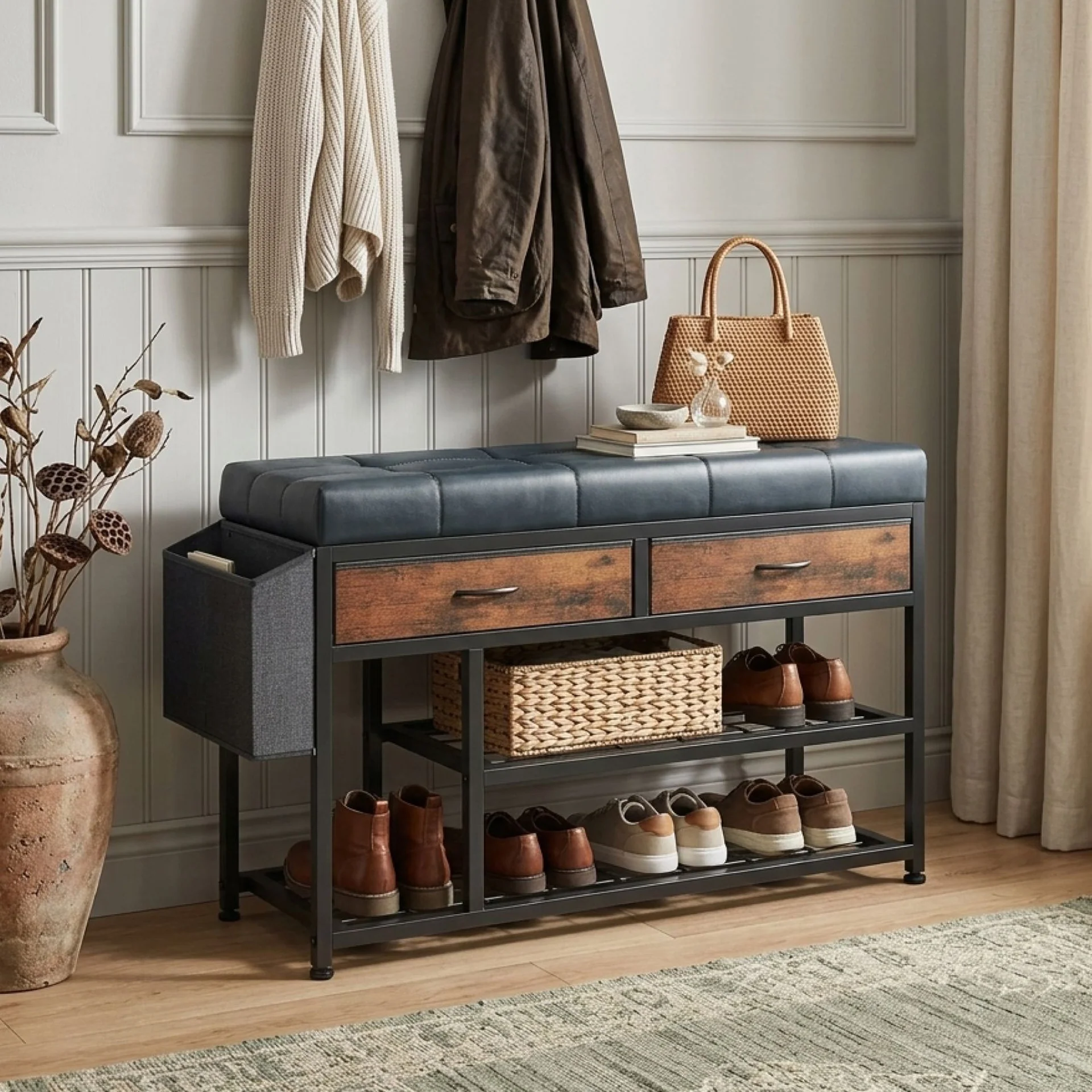 Plover Shoe Rack with Storage Bag - Rustic Brown + Blue - Image 3