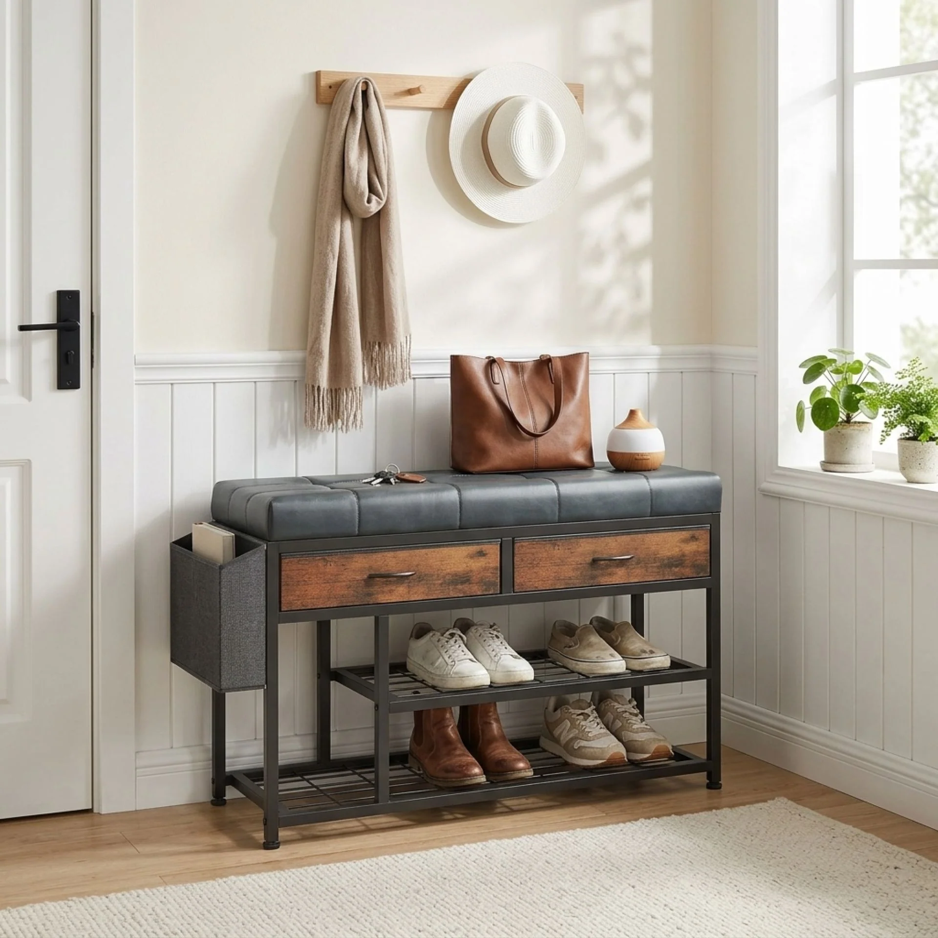 Plover Shoe Rack with Storage Bag - Rustic Brown + Blue - Image 5