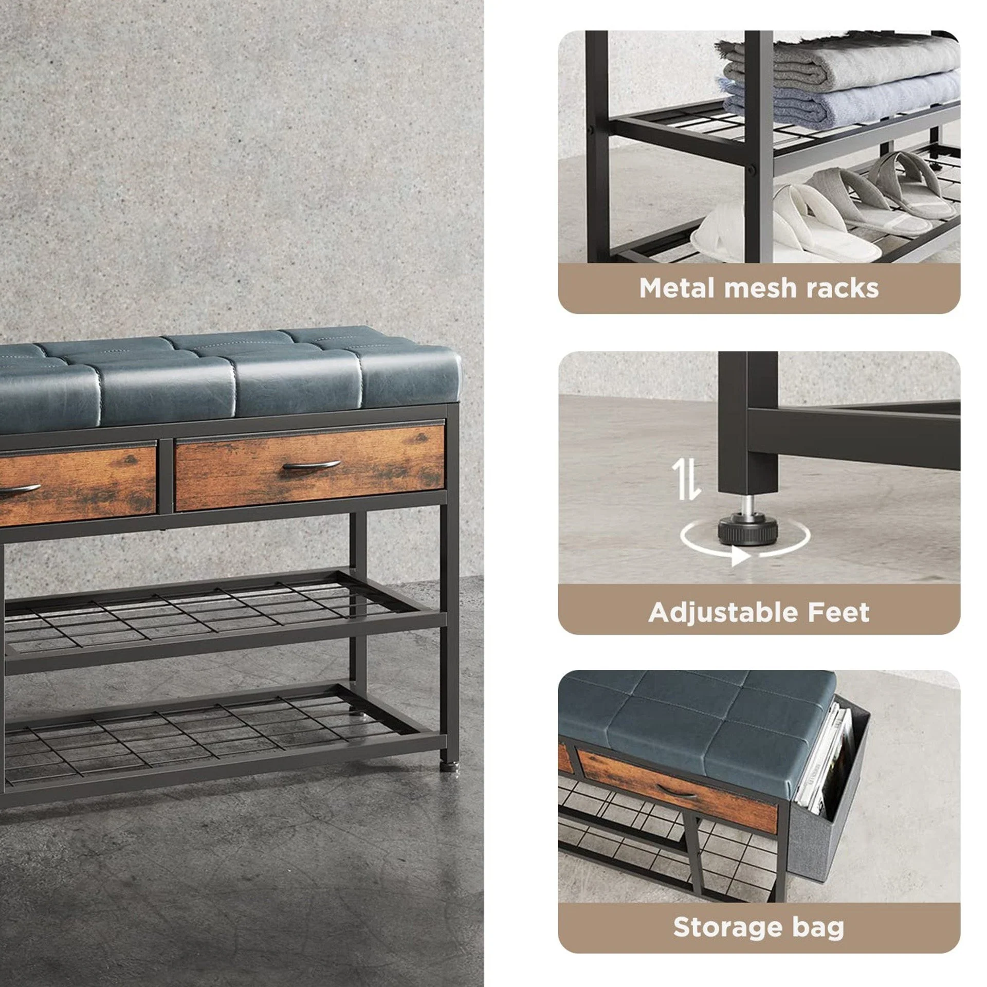 Plover Shoe Rack with Storage Bag - Rustic Brown + Blue - Image 8