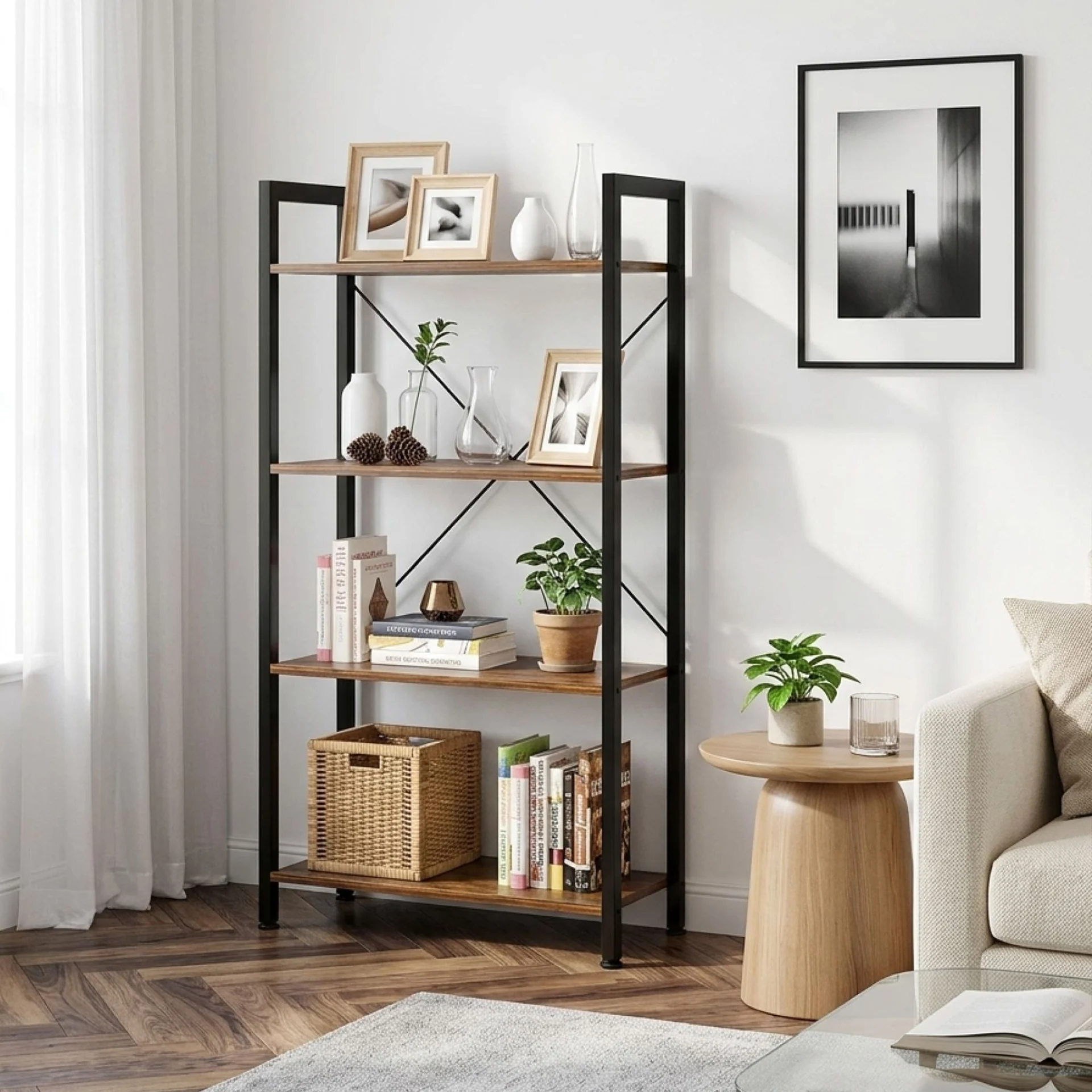 Poroti 4 Tier Bookshelf Storage Shelf - Rustic Brown - Image 2