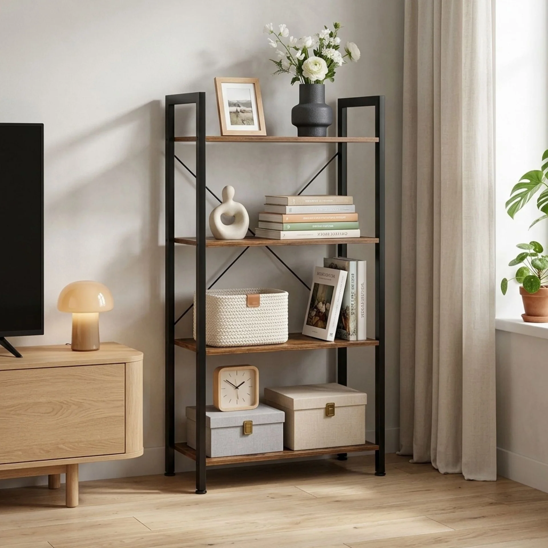 Poroti 4 Tier Bookshelf Storage Shelf - Rustic Brown - Image 3