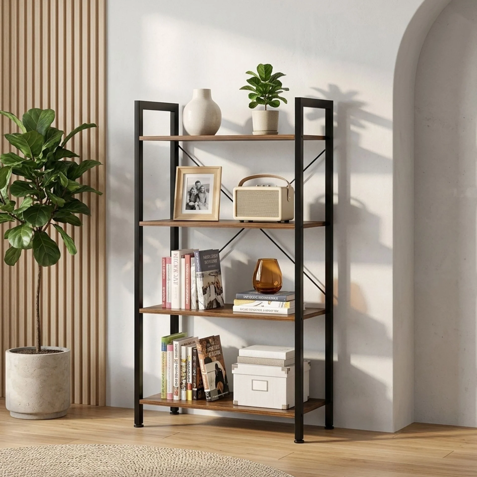 Poroti 4 Tier Bookshelf Storage Shelf - Rustic Brown - Image 4