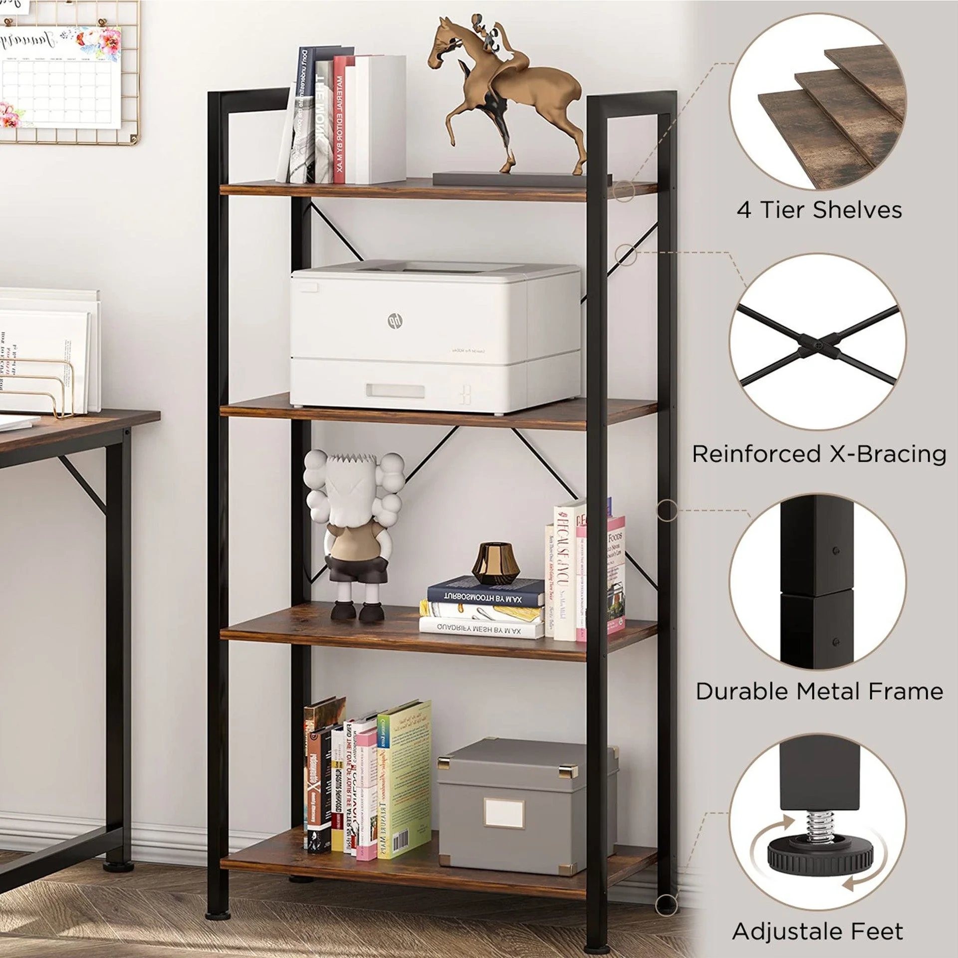 Poroti 4 Tier Bookshelf Storage Shelf - Rustic Brown - Image 6