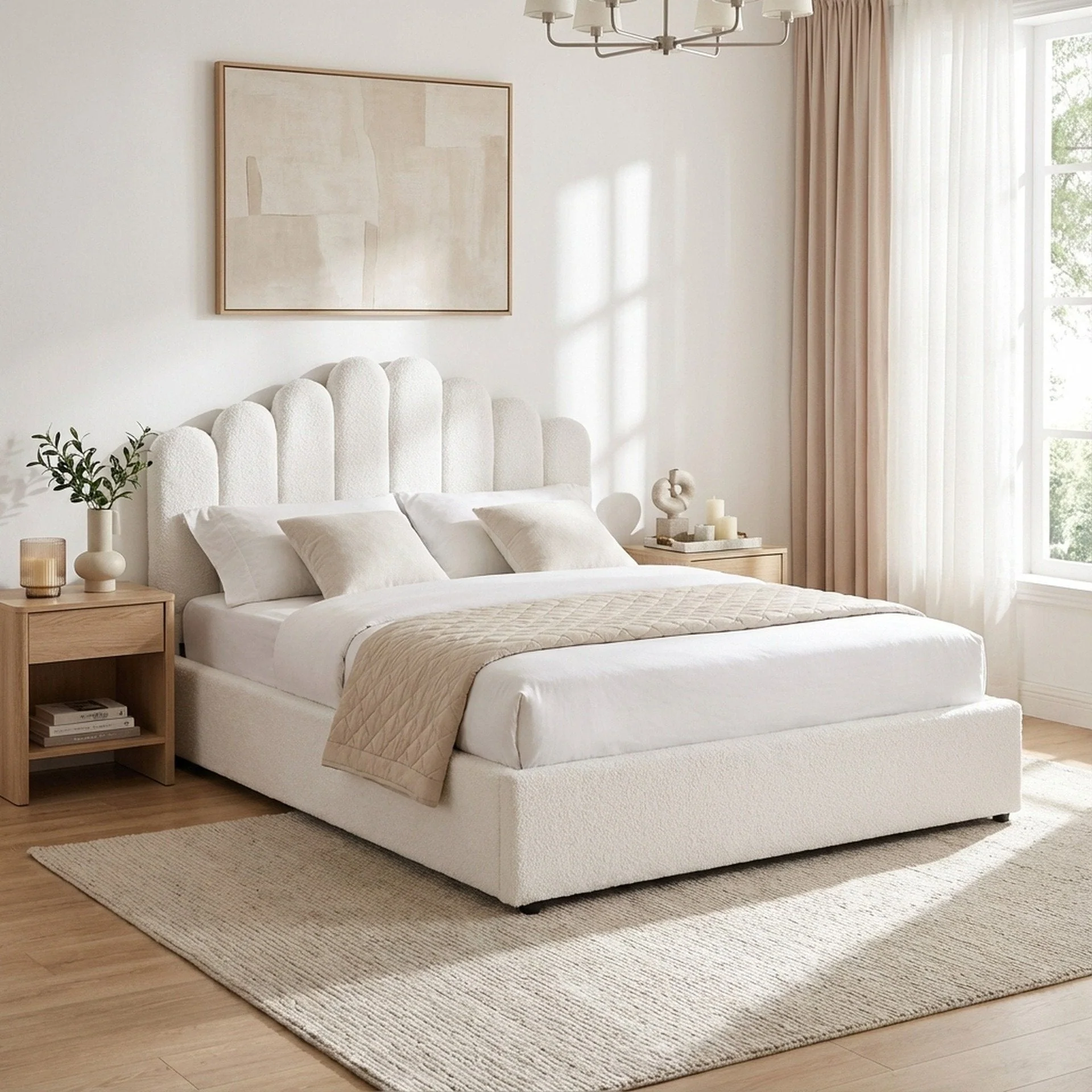 Puro Boucle Queen Gas Lift Bed Frame - White