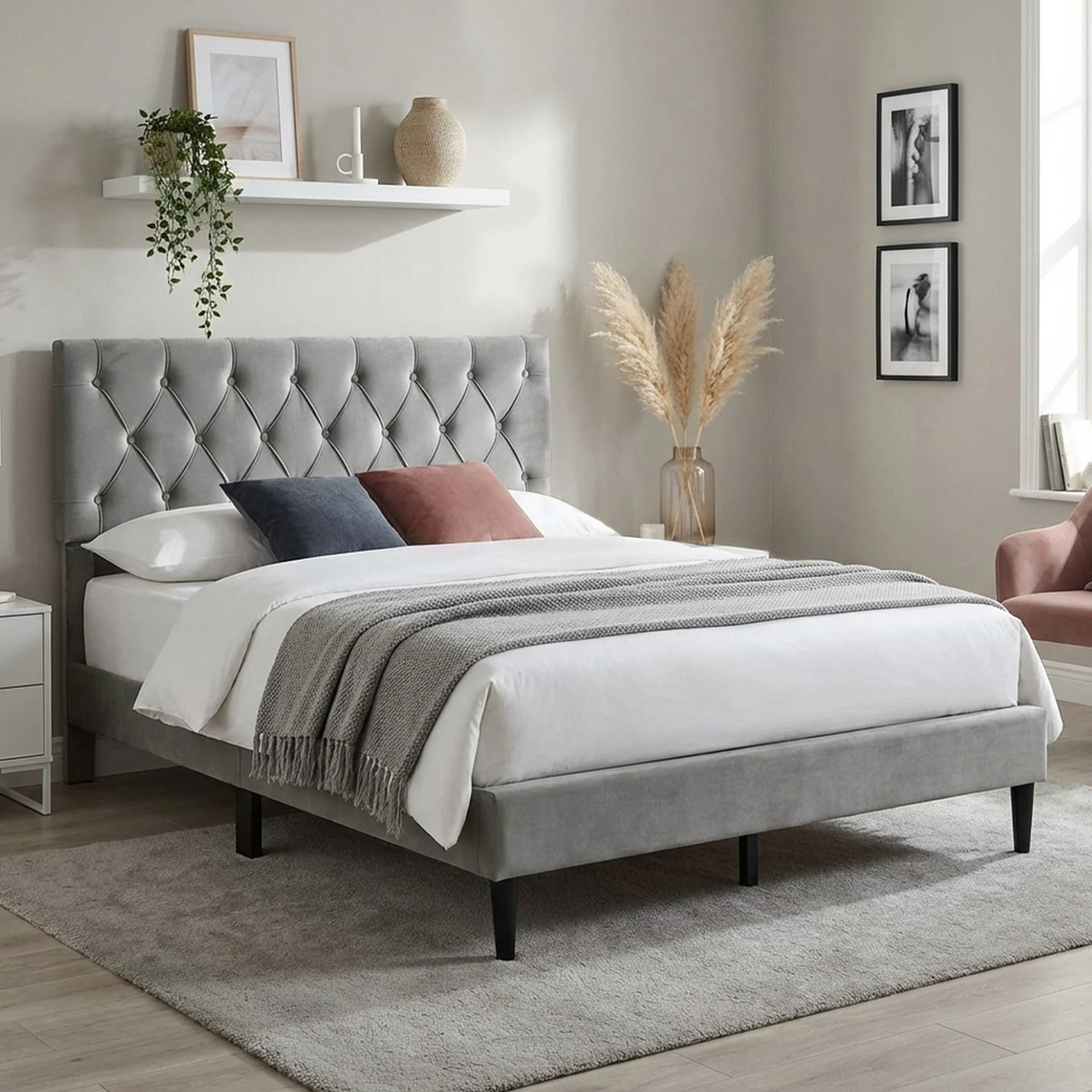 Rila Double Velvet Bed Frame - Grey - Image 3