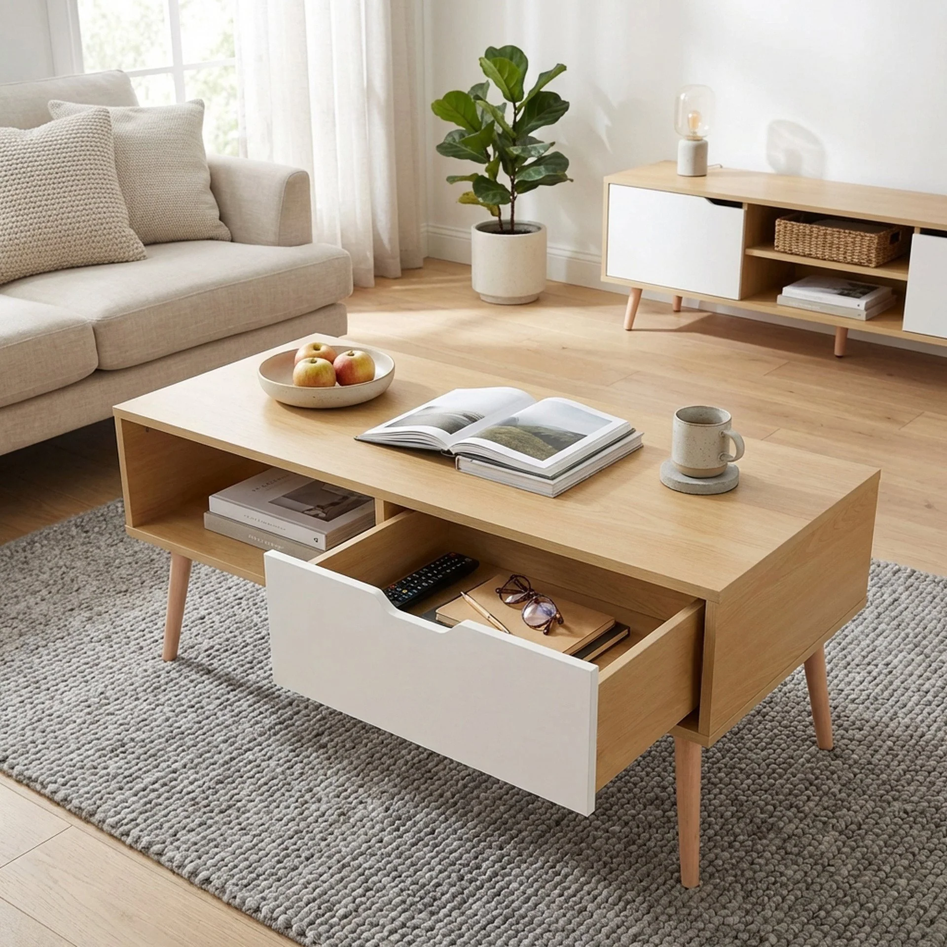 Riley Wooden Coffee Table - Maple + White - Image 2