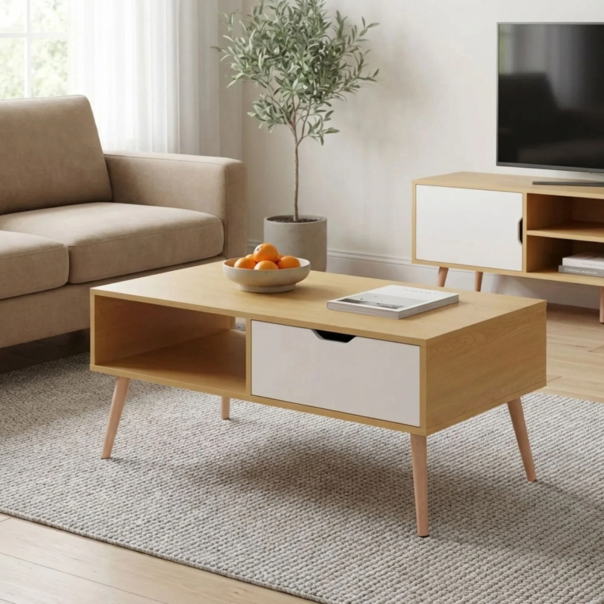 Riley Wooden Coffee Table - Maple + White - Image 3