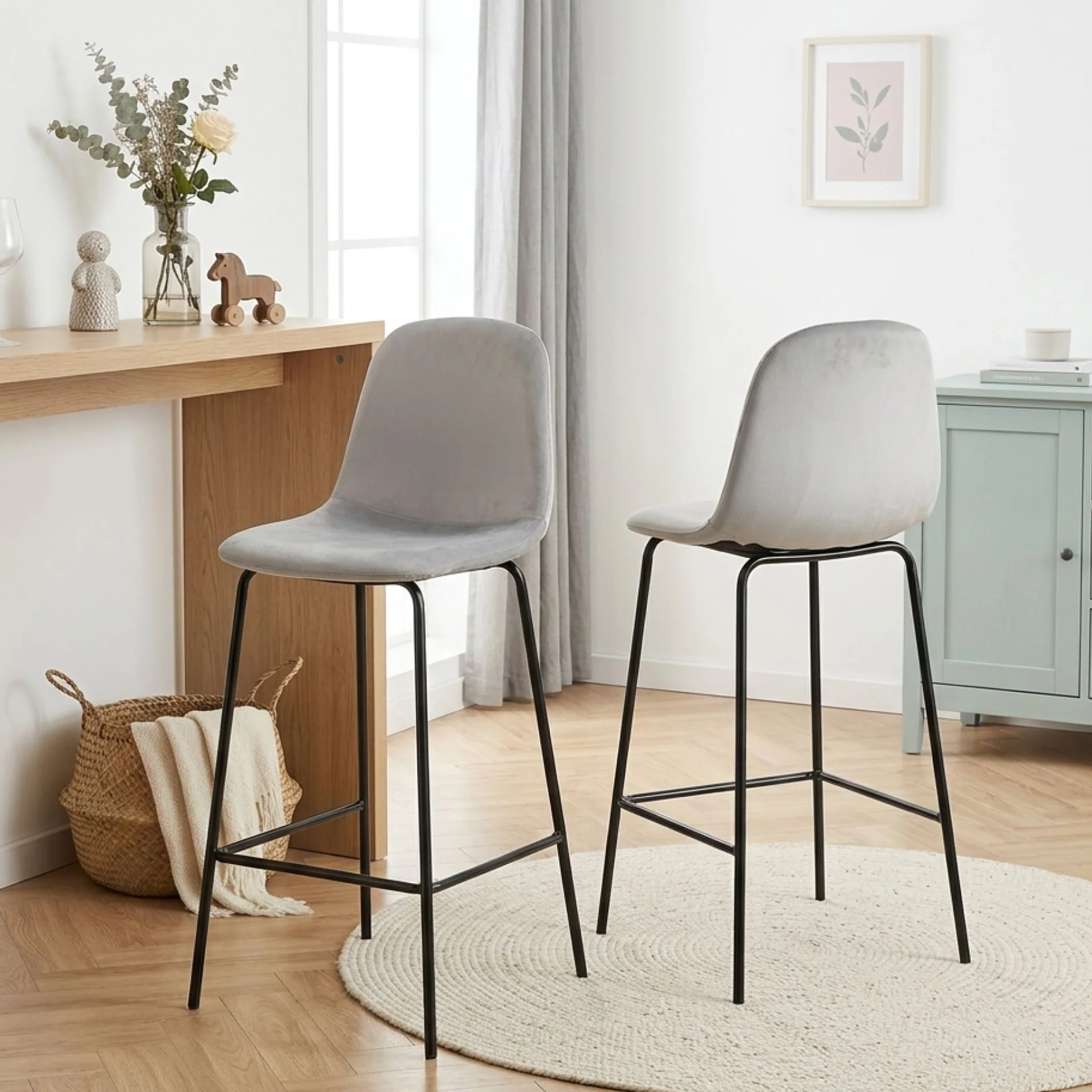 Selo Velvet Bar Stool - Set Of 2 - Light Grey
