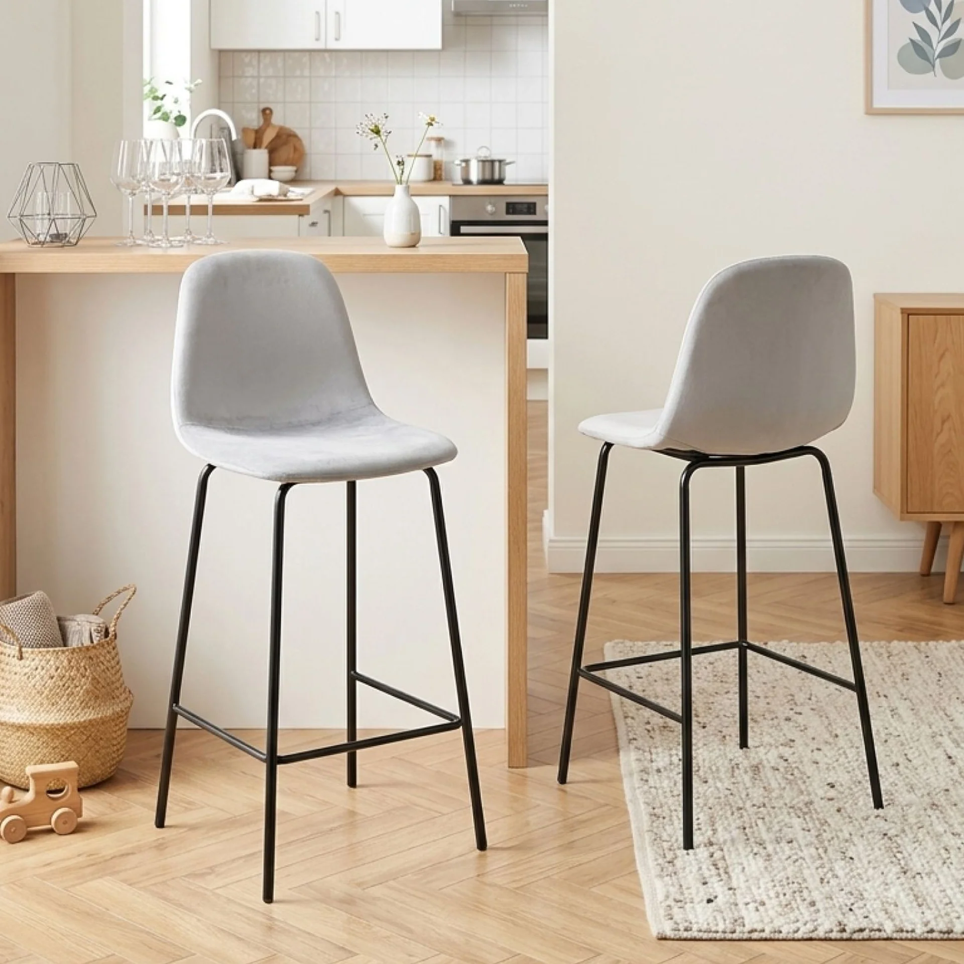 Selo Velvet Bar Stool - Set Of 2 - Light Grey - Image 3