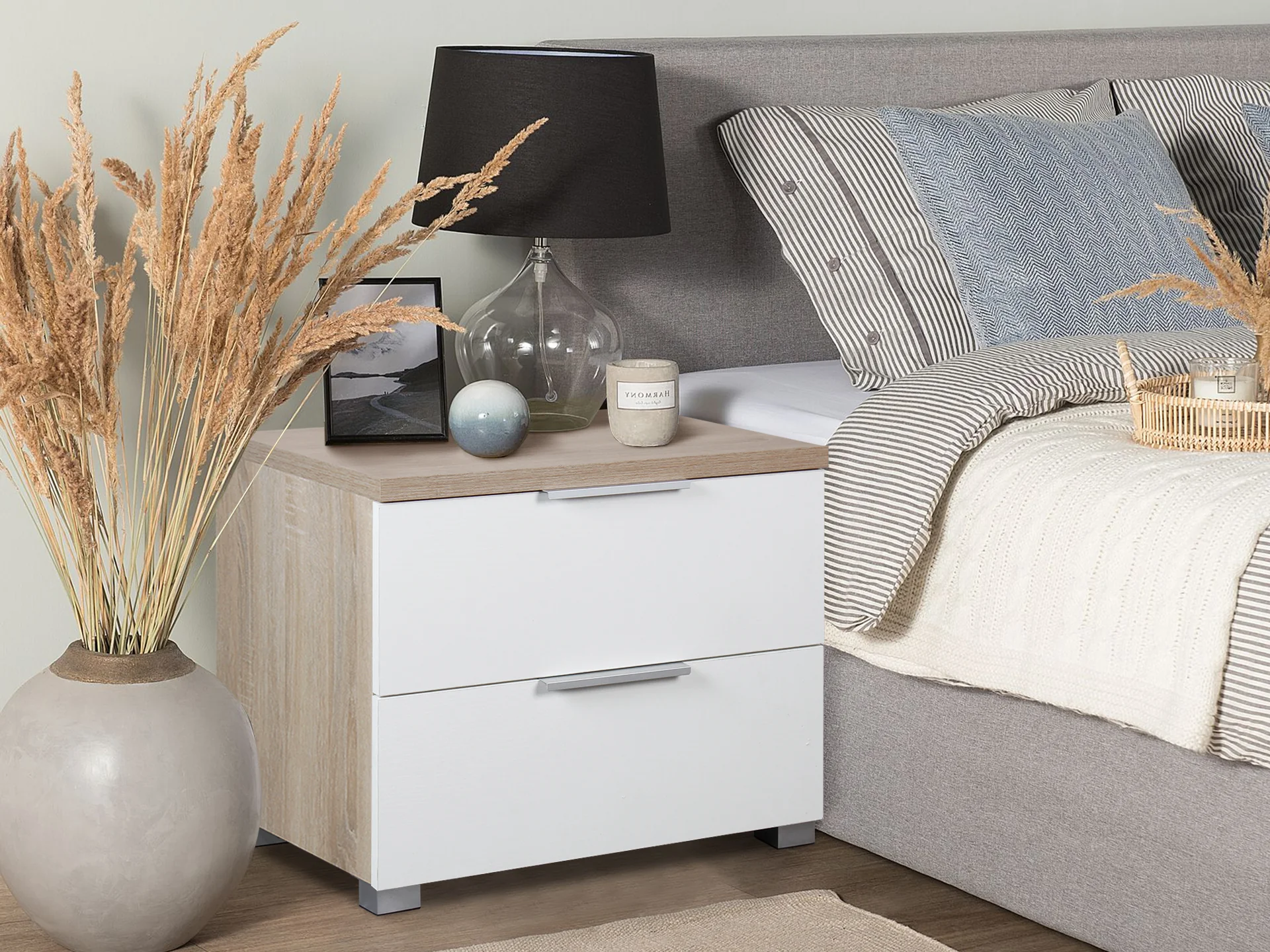SETH 2 Drawer Bedside Table - OAK + WHITE