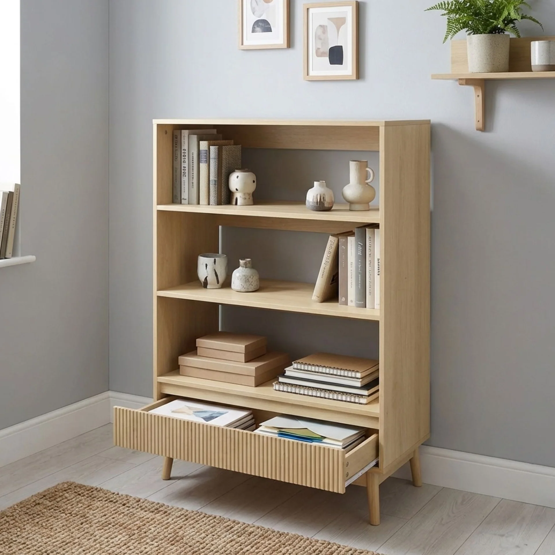 Shawnee 3 Tier Bookshelf with Drawer - Oak - Image 3