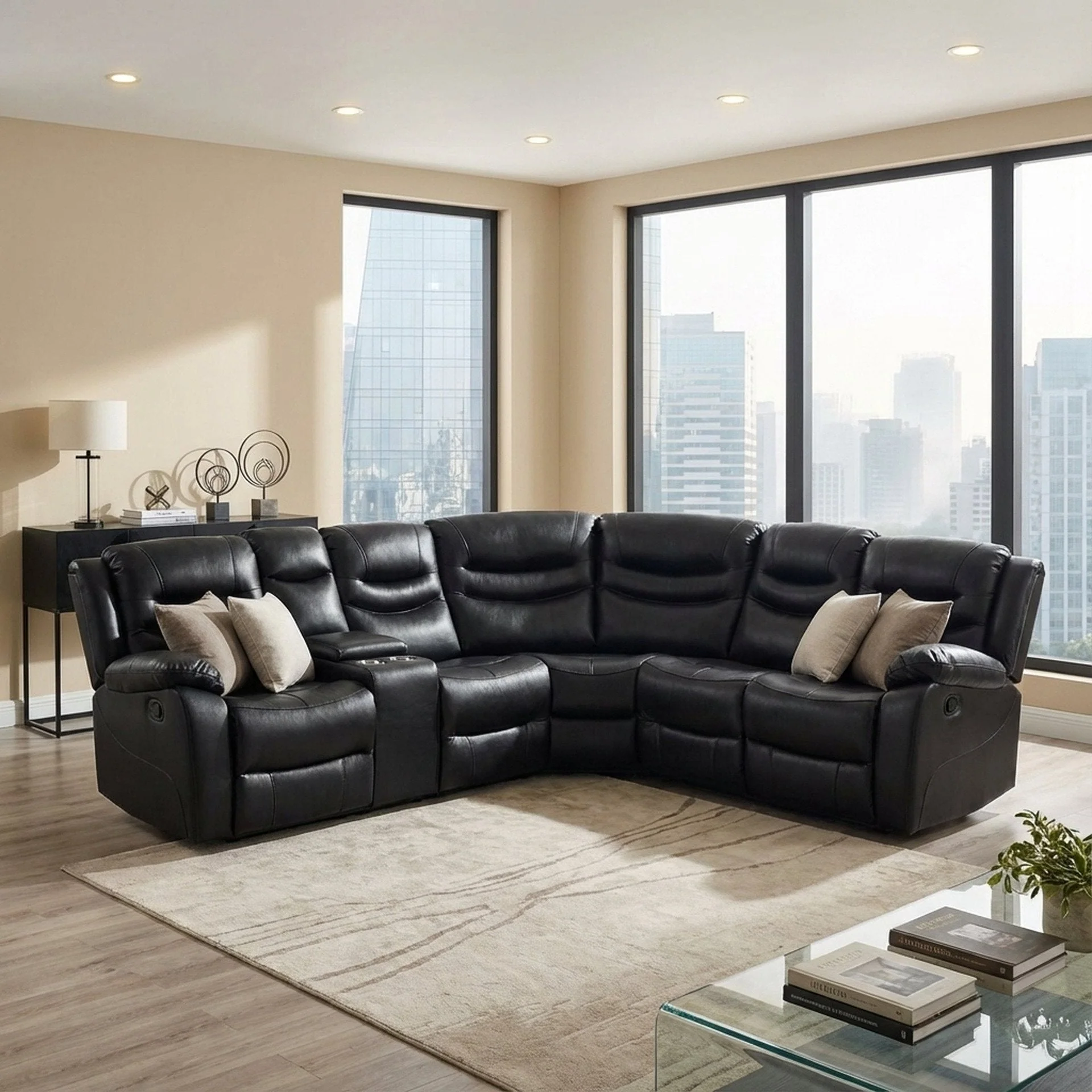 Silverdale Air Leather Manual Recliner Corner Sofa - Black - Image 5