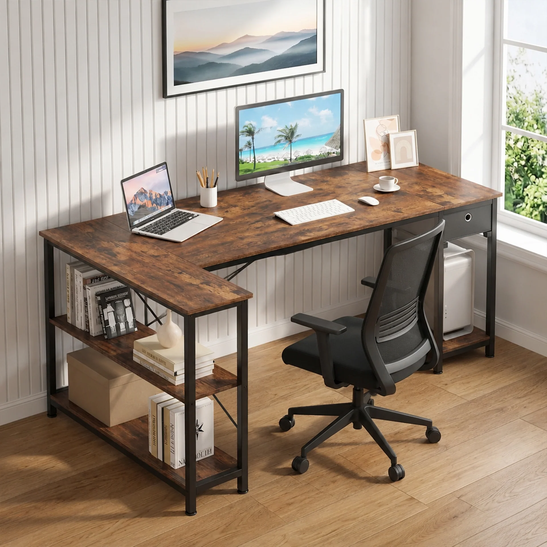 Simon Computer Corner Desk with Bookshelf - Rustic Brown - Image 2