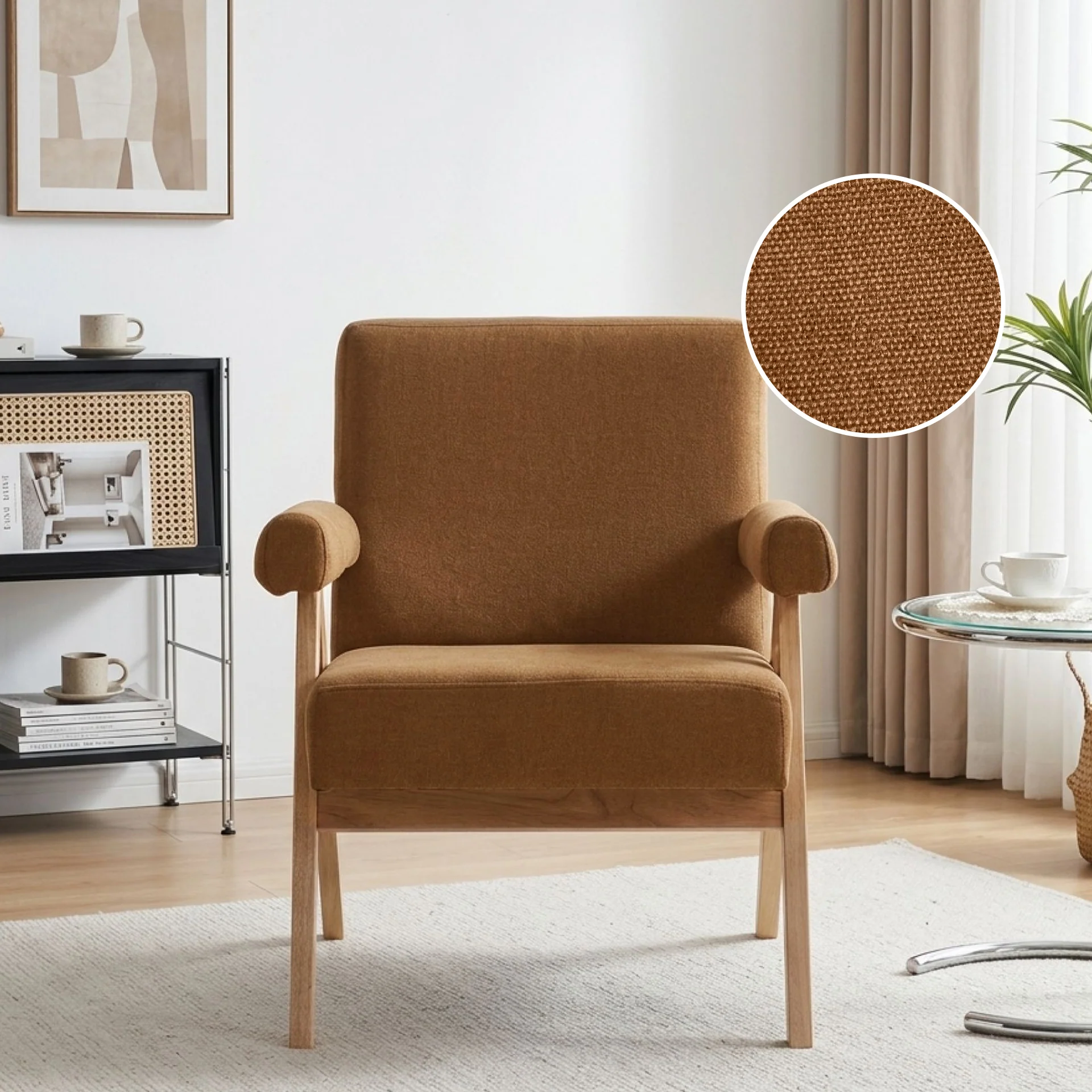 Soren Linen Armchair - Caramel Brown - Image 2