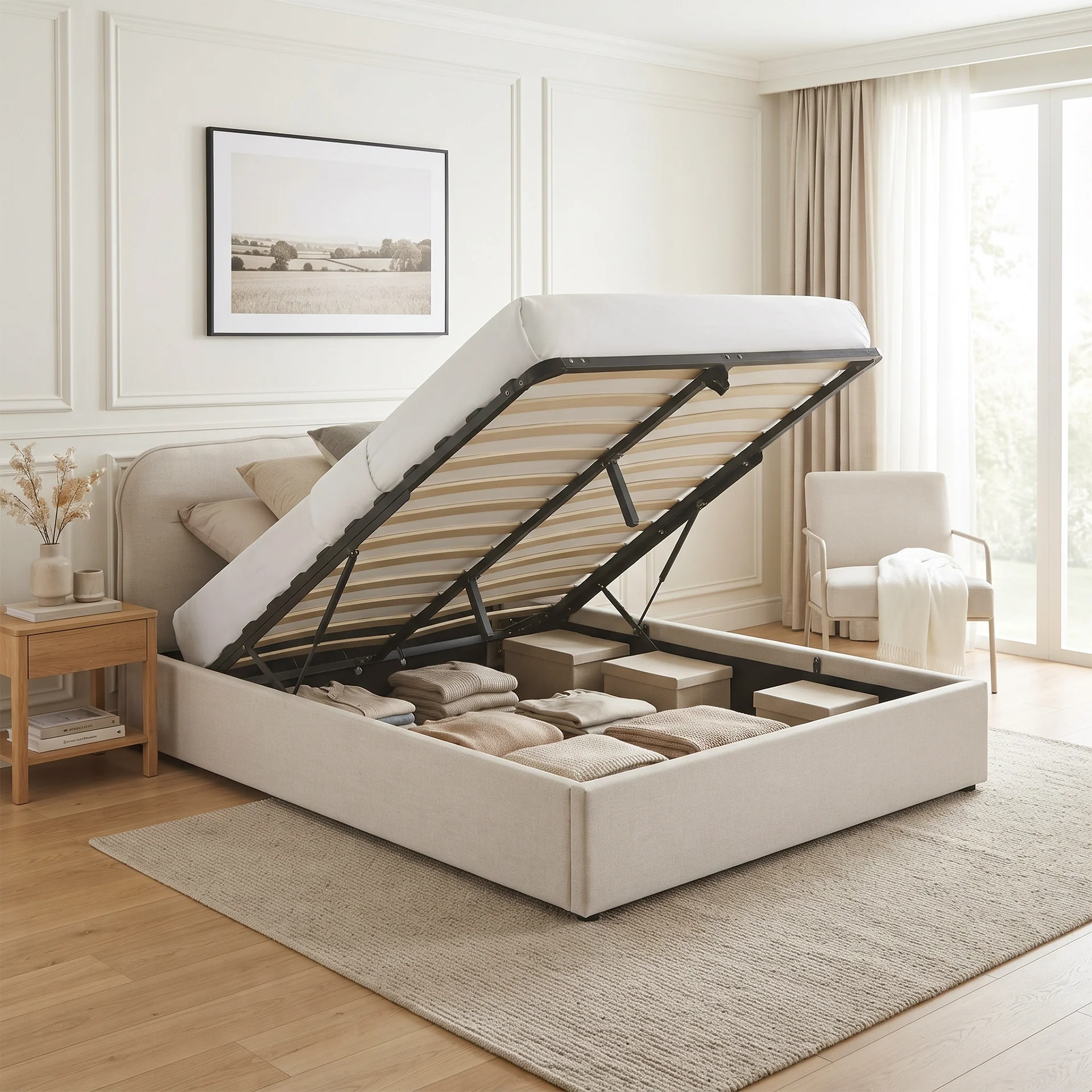 Steady Queen Gas Lift Bed Frame - Linen Beige