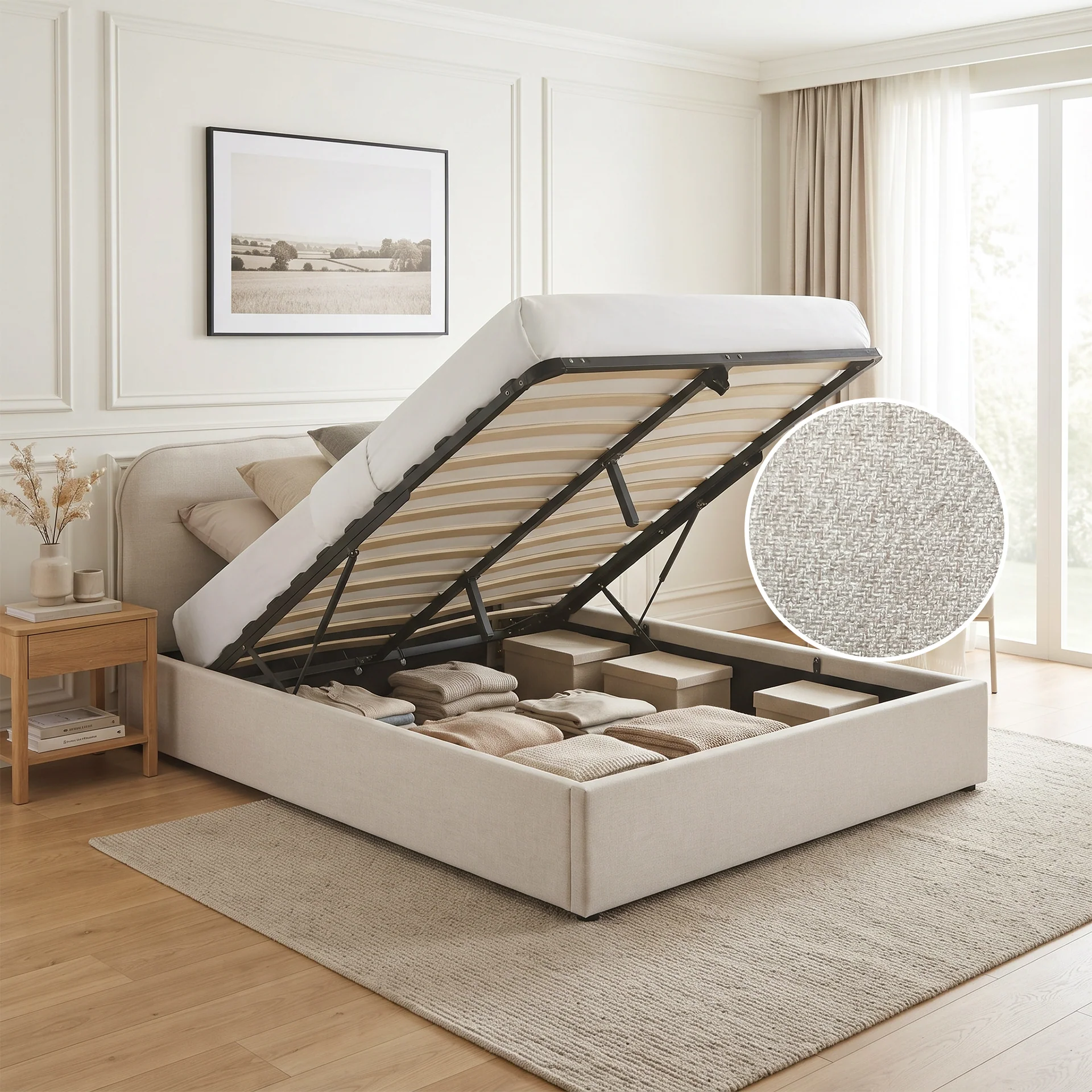 Steady Queen Gas Lift Bed Frame - Linen Beige - Image 2