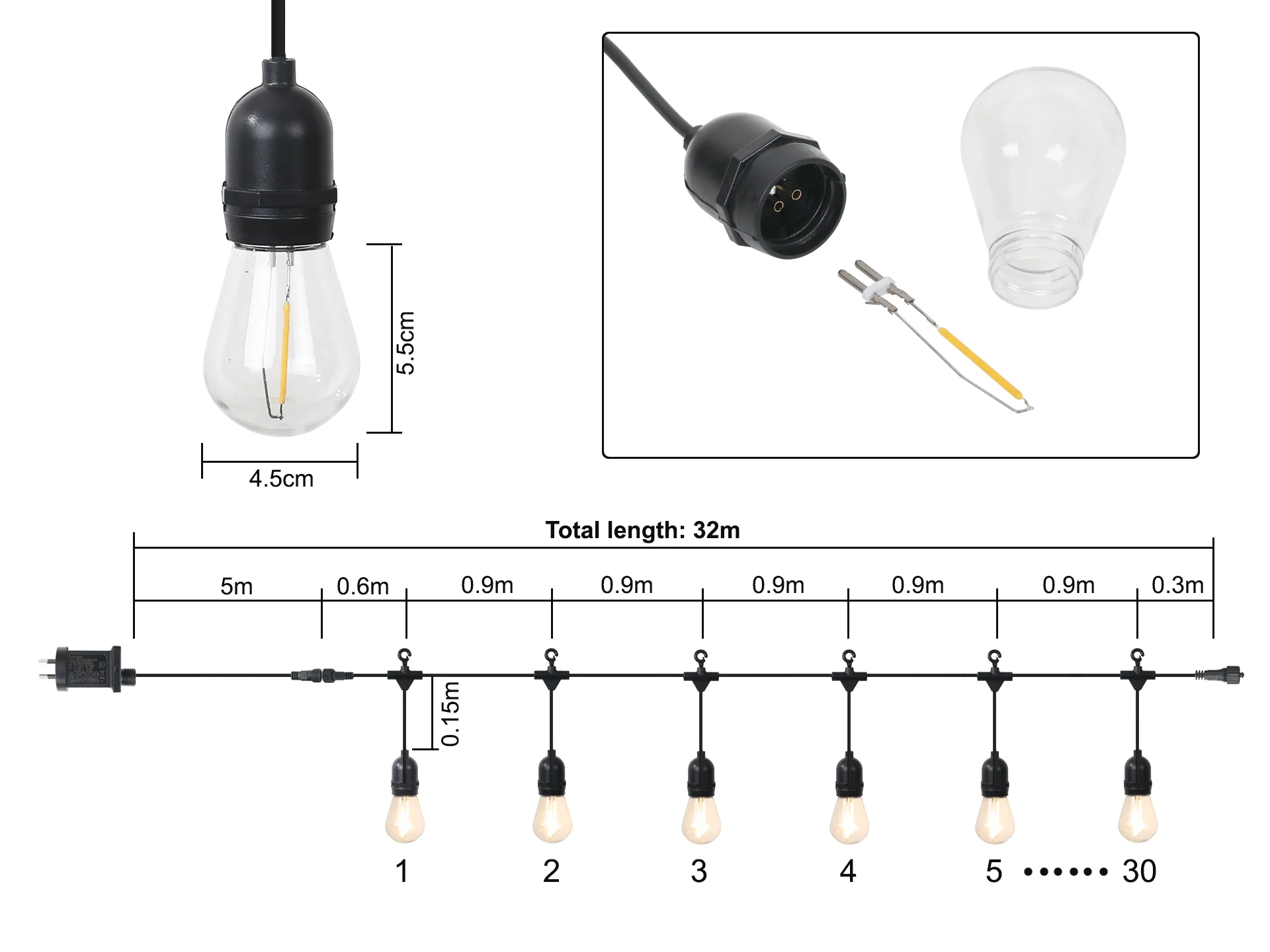 Straight Side 30 LED Festoon Lights String Lights 32m - Image 6
