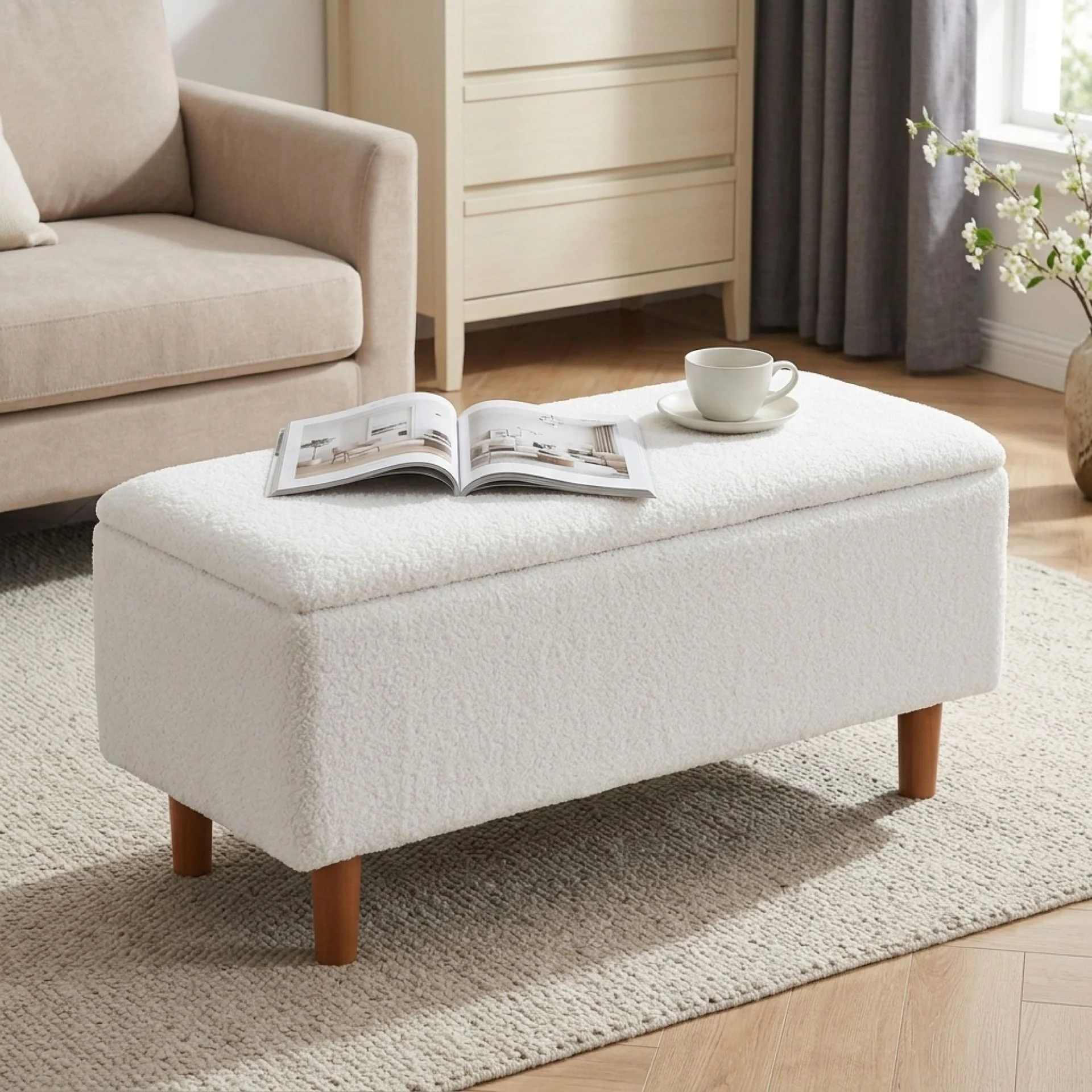 Theodore Boucle Storage Ottoman Bench - White - Image 3