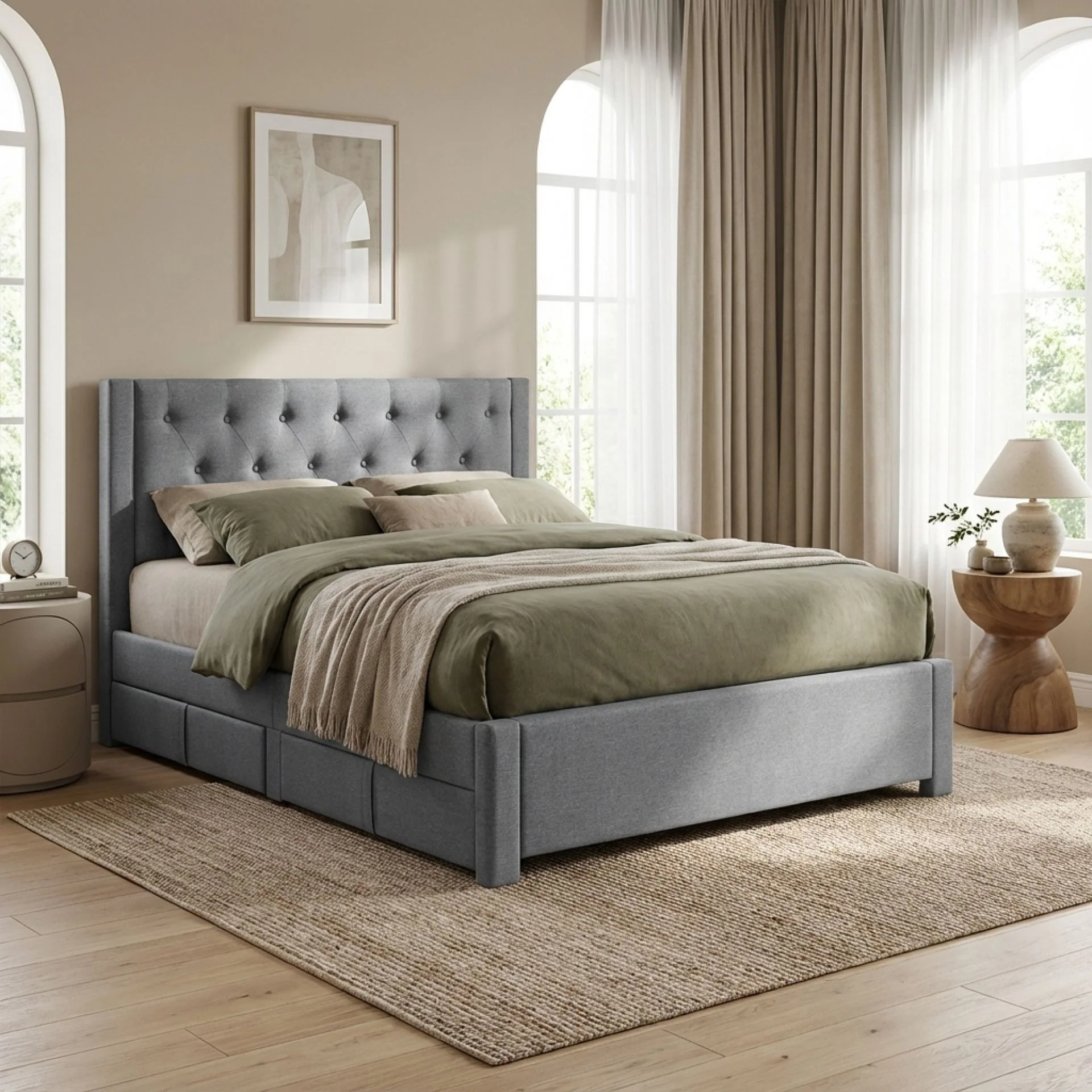 Thornton Double Fabric Bed Frame with 4 Drawers - Light Grey