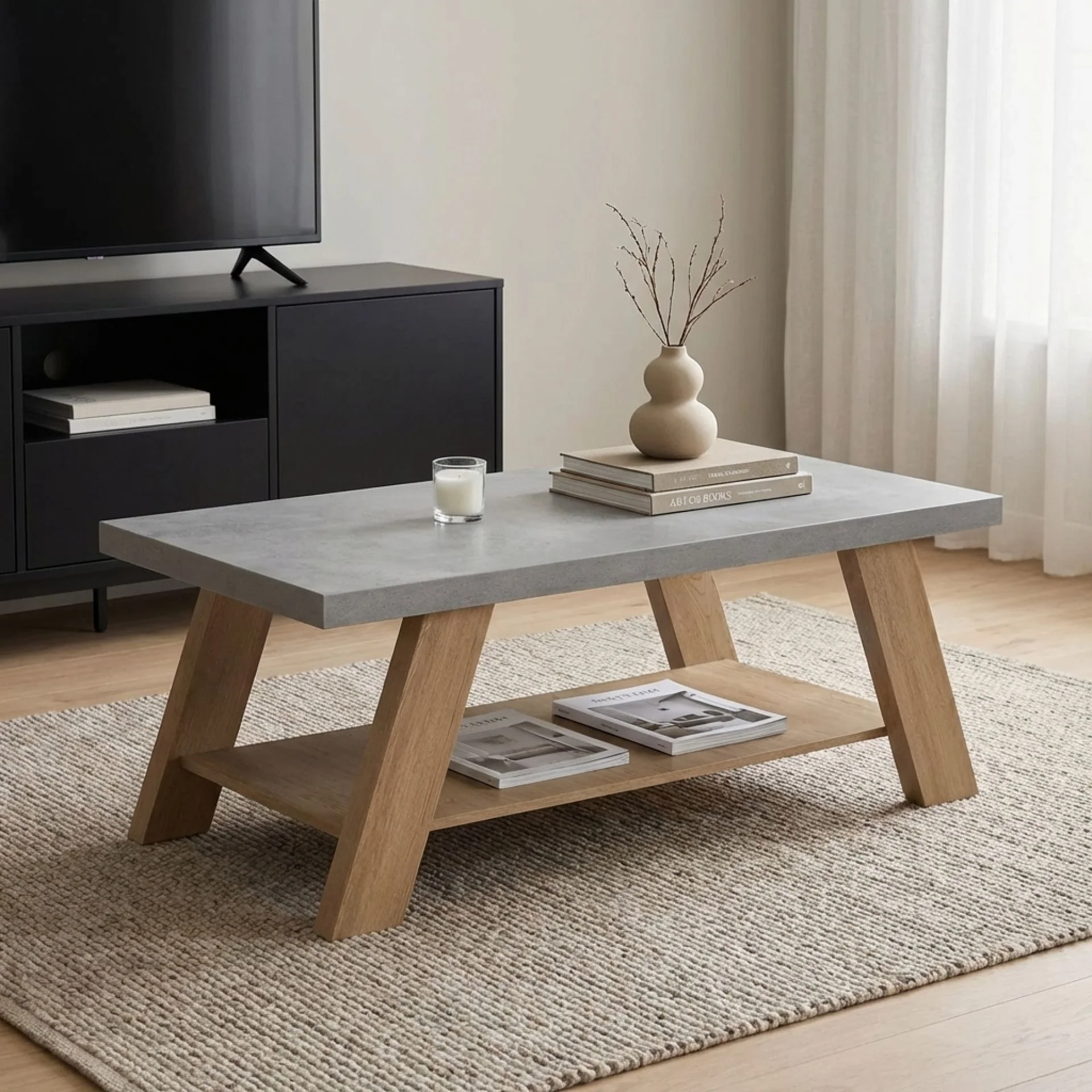 Tommie Rectangular Coffee Table - Cement + Oak